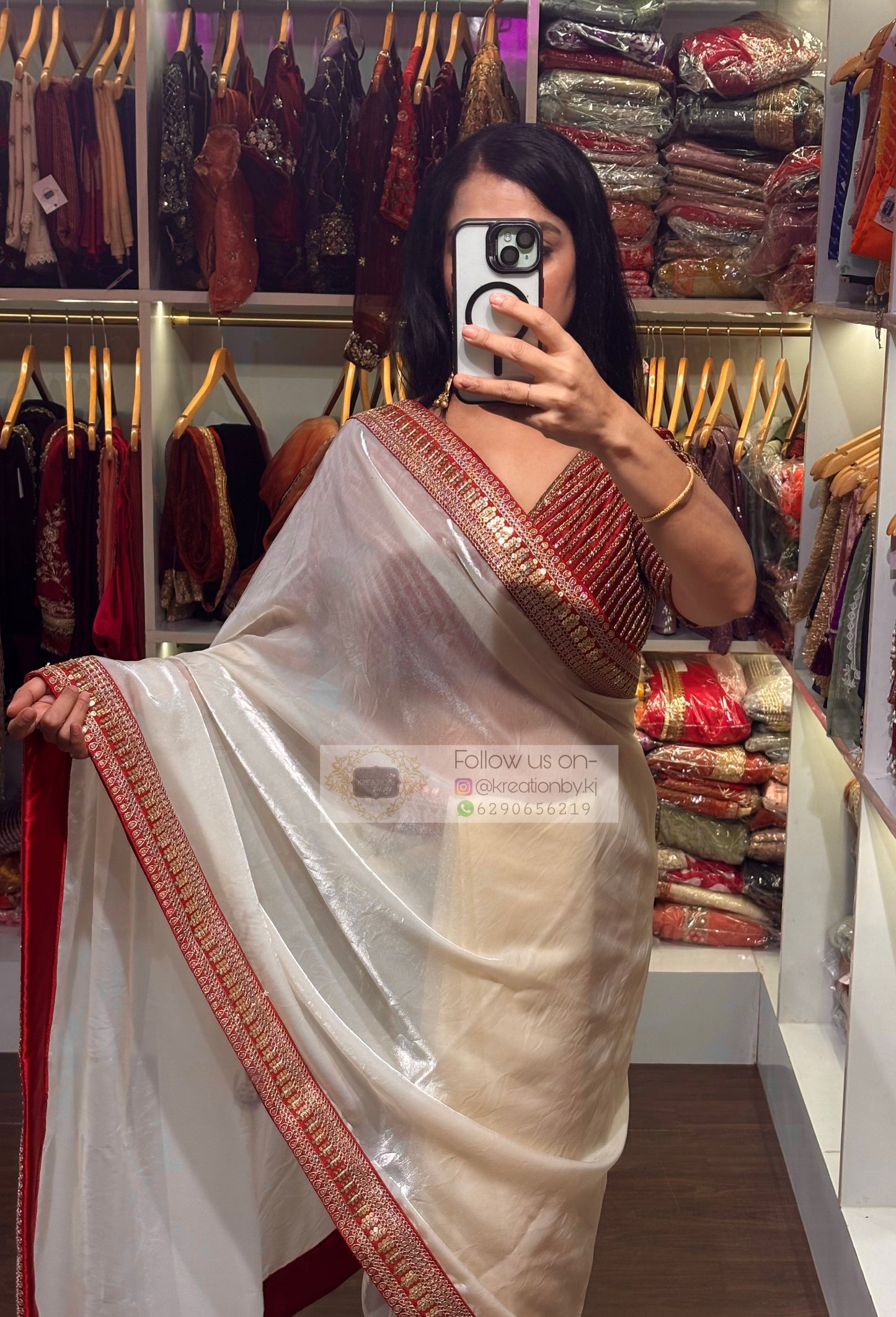 Cream Metallic Shimmer Satin with Red Border-agomoni kreationbykj
