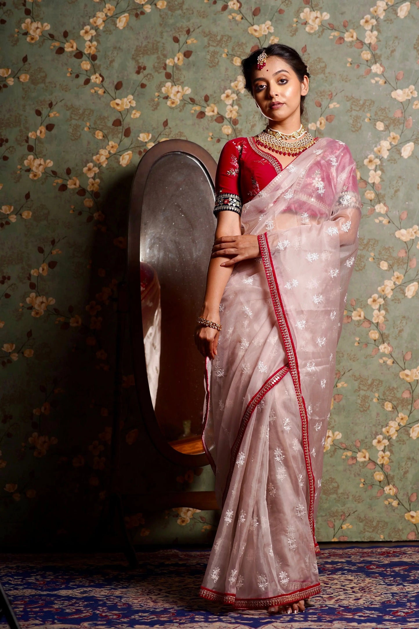 Blush Pink Organza Saree with Rani Pink Border kreationbykj