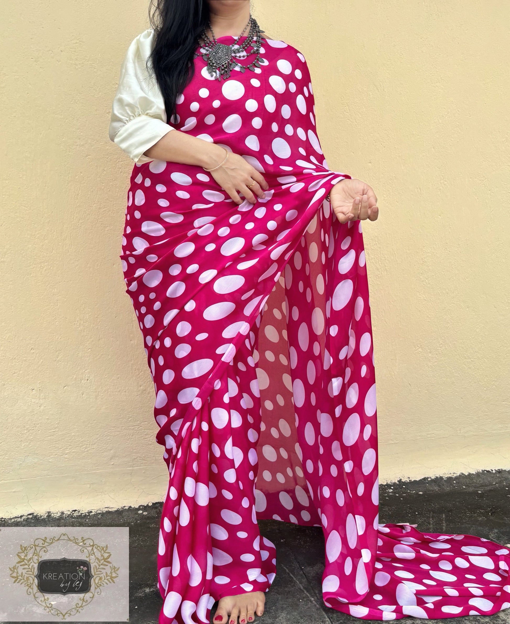 Magenta Pink Polka Dot Saree kreationbykj
