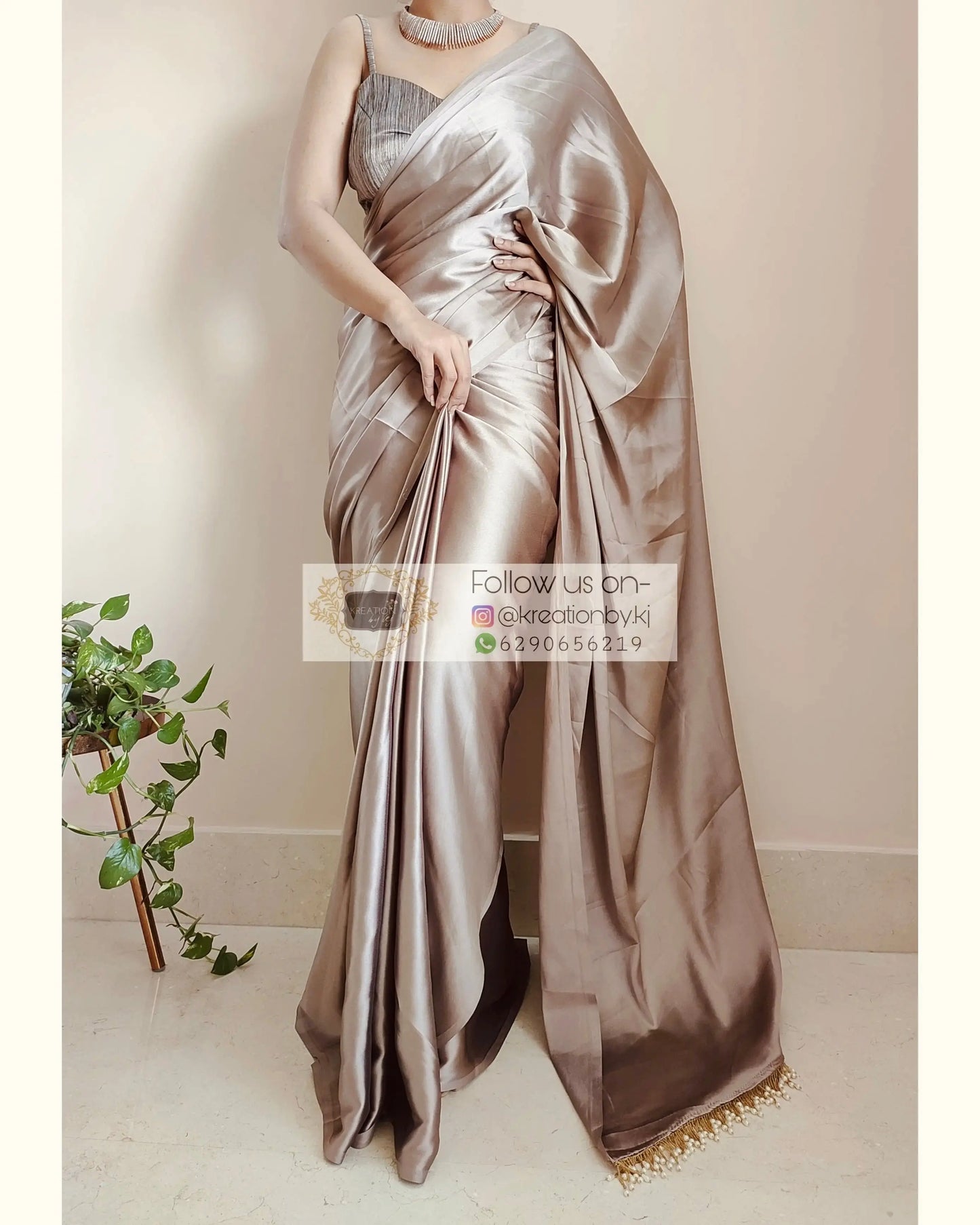 Mink Satin Silk Saree With Handmade Tassels On Pallu kreationbykj.in