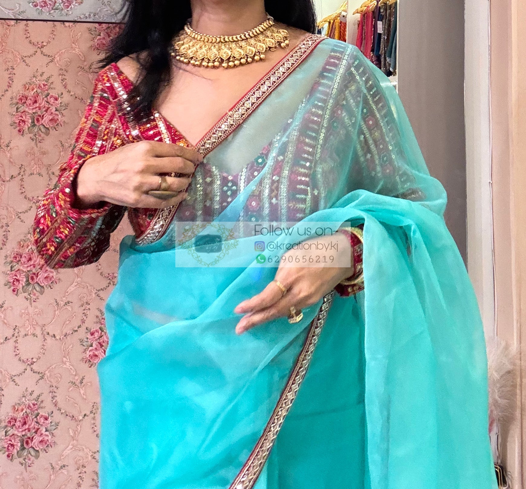 Aqua Blue Organza Saree With Red Cutdana Border kreationbykj