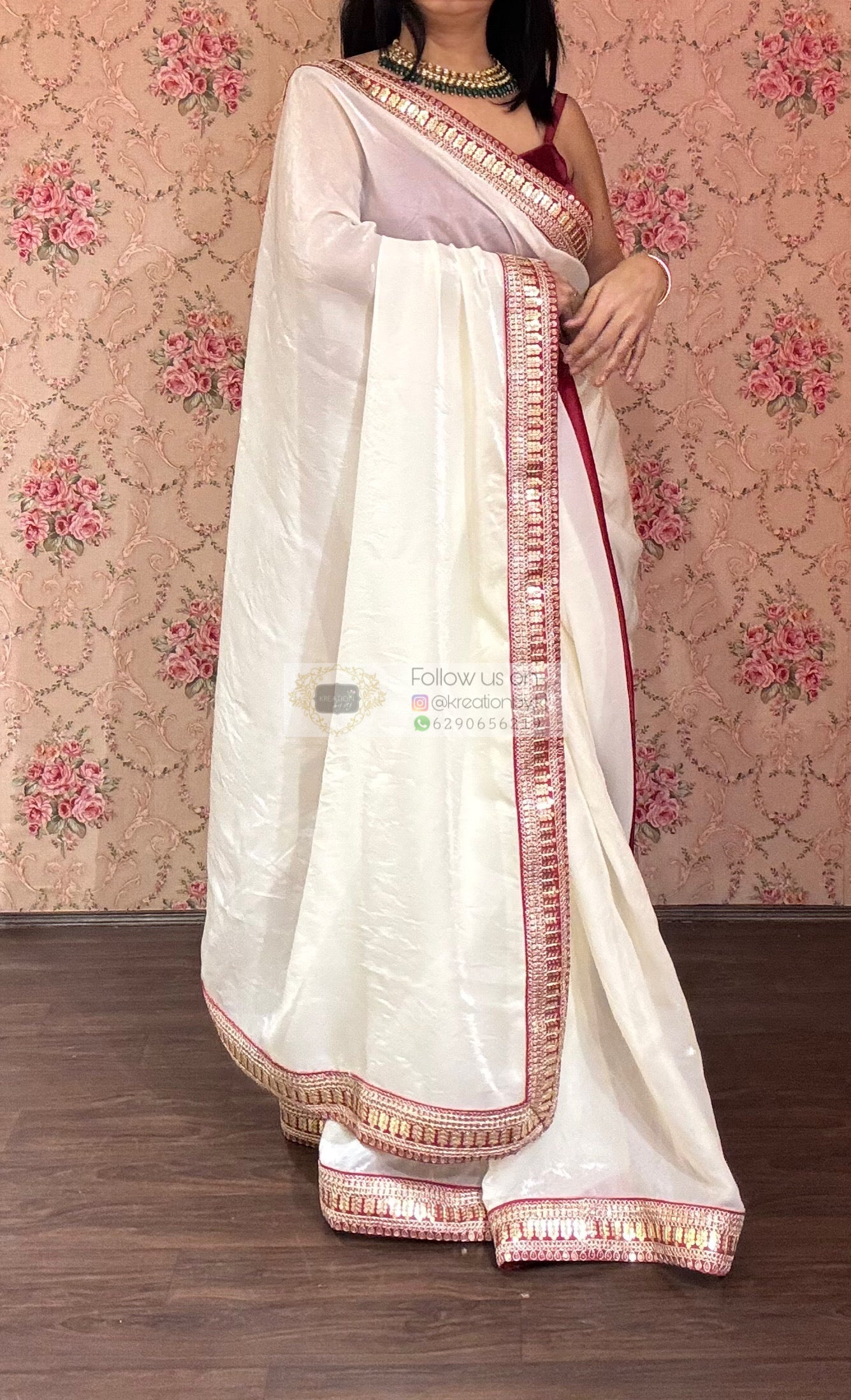 Cream Metallic Shimmer Satin with Red Border-agomoni kreationbykj