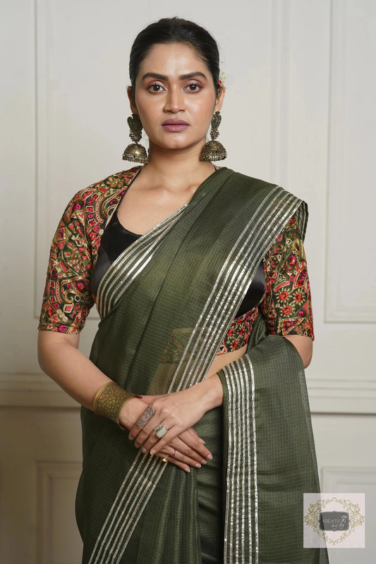 Olive Green Kota Silver Lining Saree With Gota Border kreationbykj
