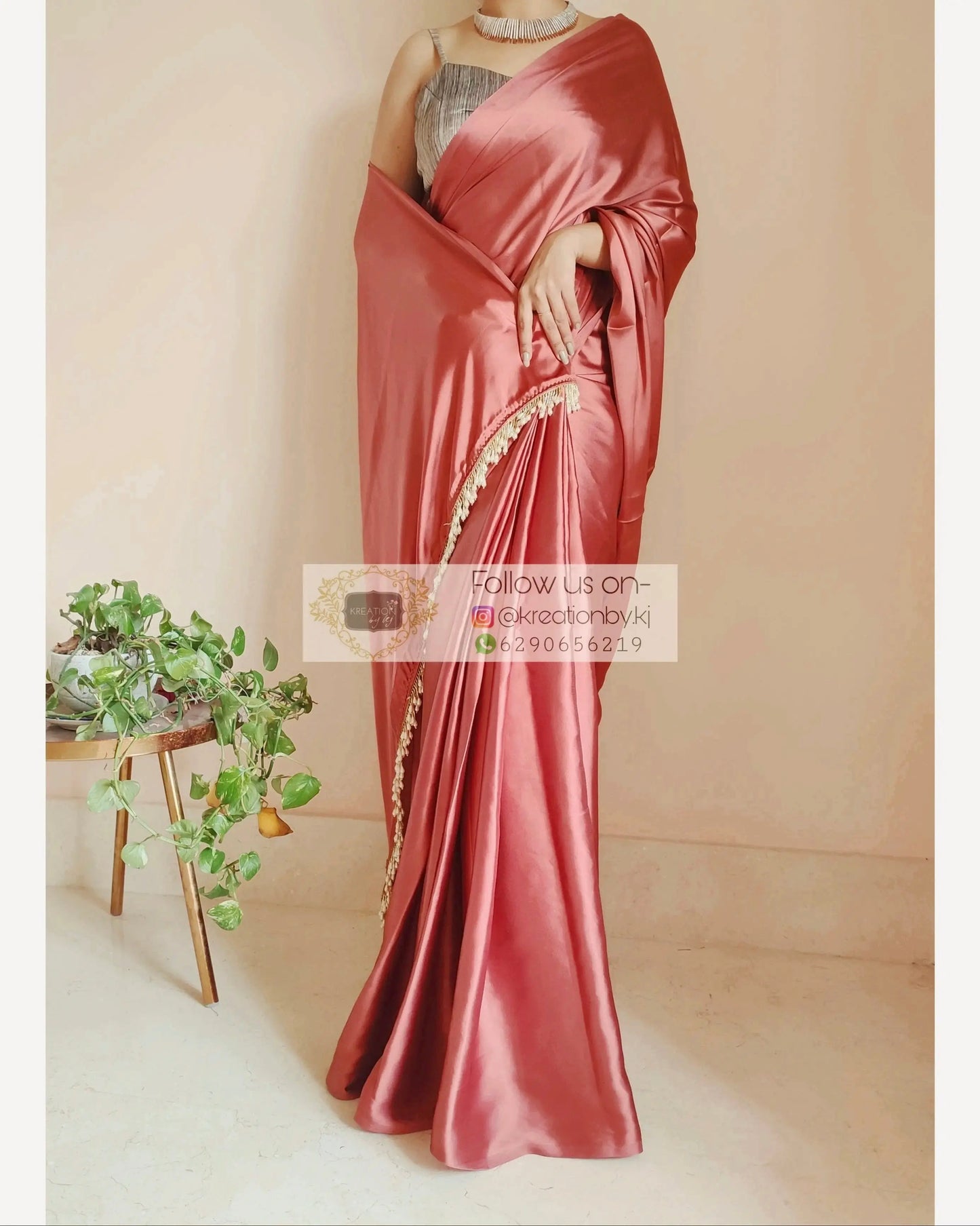 Dusty Rose Satin Silk One Minute Saree kreationbykj.in