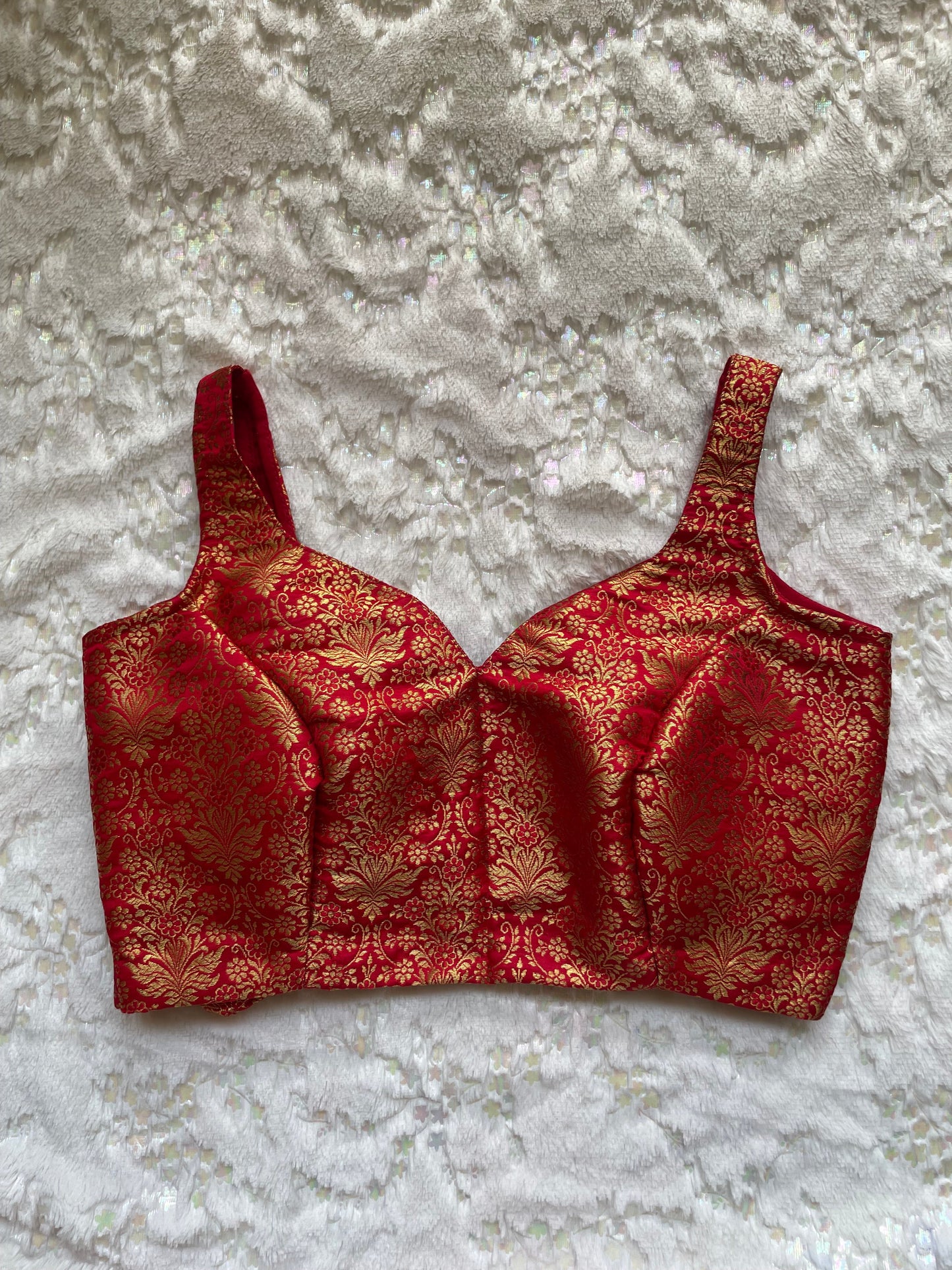 Red Brocade Dome Neck Blouse kreationbykj