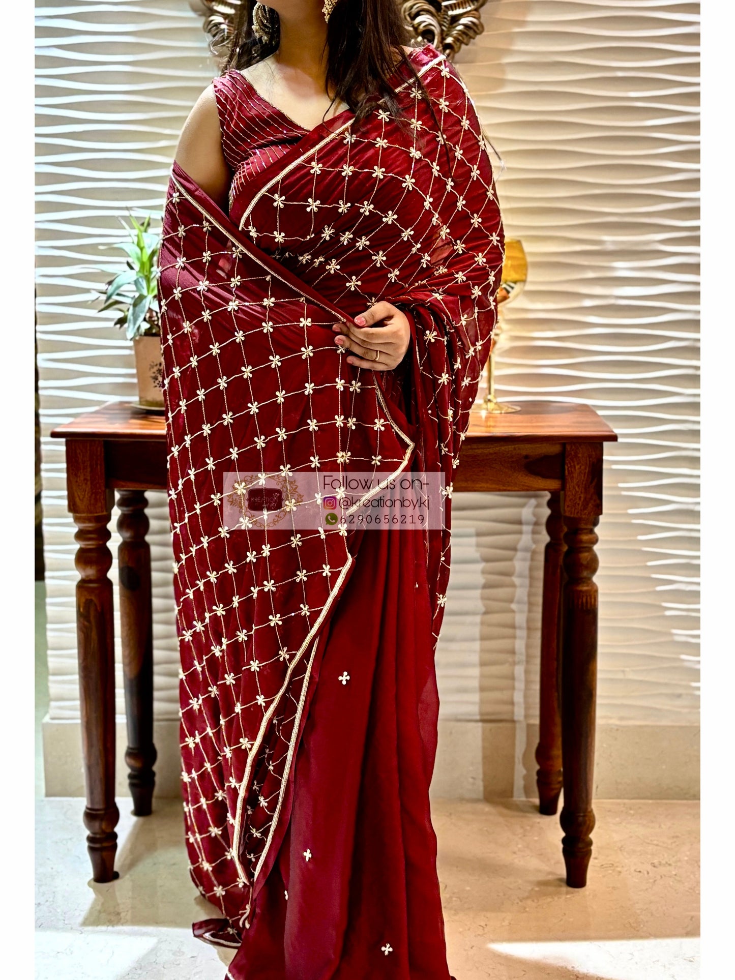Maroon Georgette Cutdana Jaal Saree kreationbykj