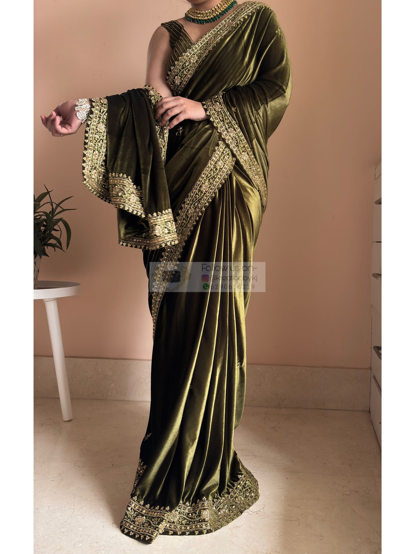 Mehendi Green Velvet Zarina Saree for Wedding Kreation by KJ