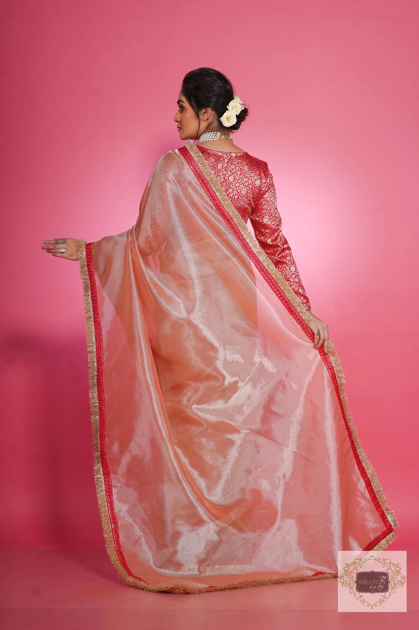 Peach Tissue Banno Saree kreationbykj