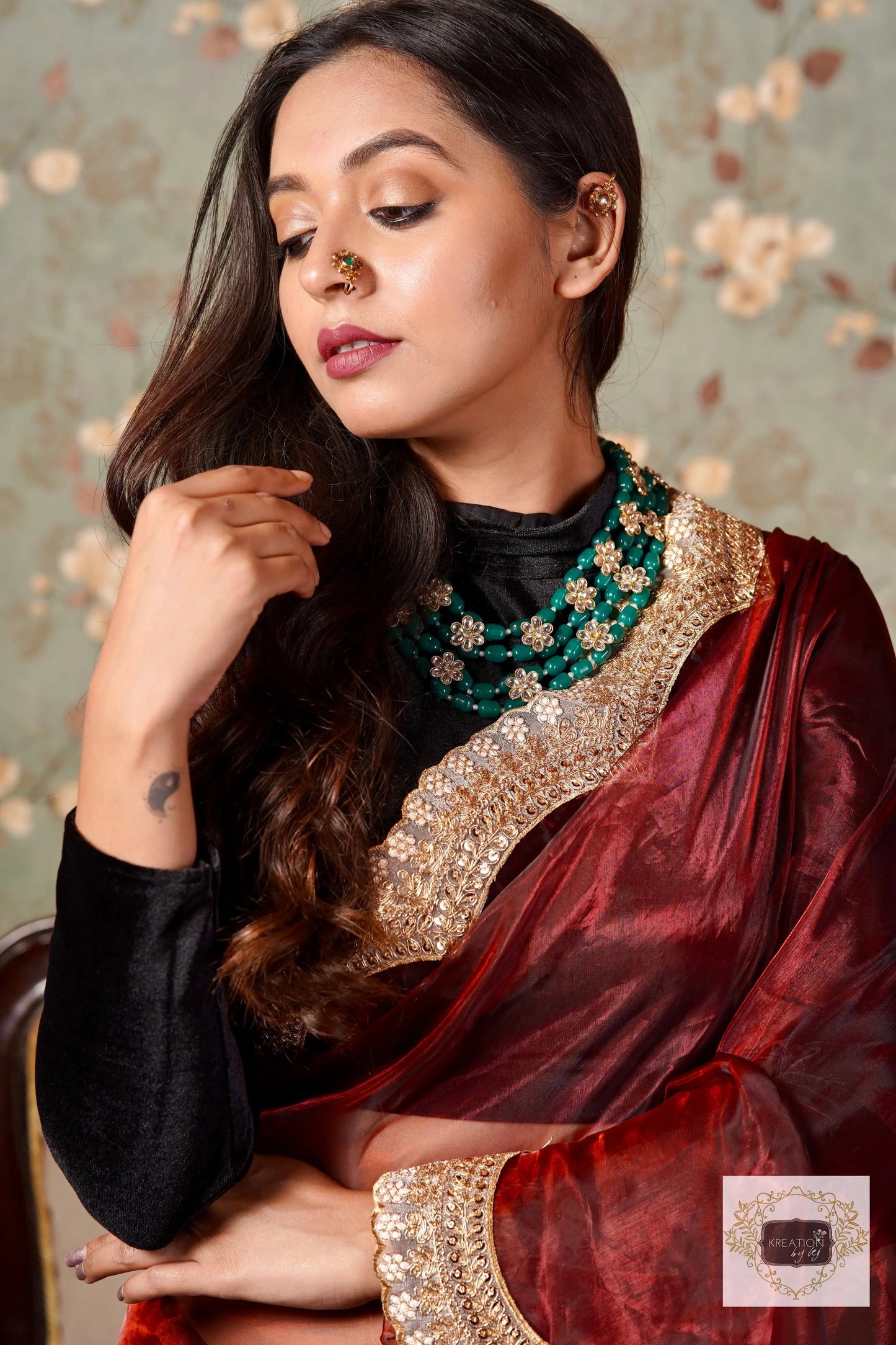 Maroon Glass Tissue with Golden  Border Saree kreationbykj