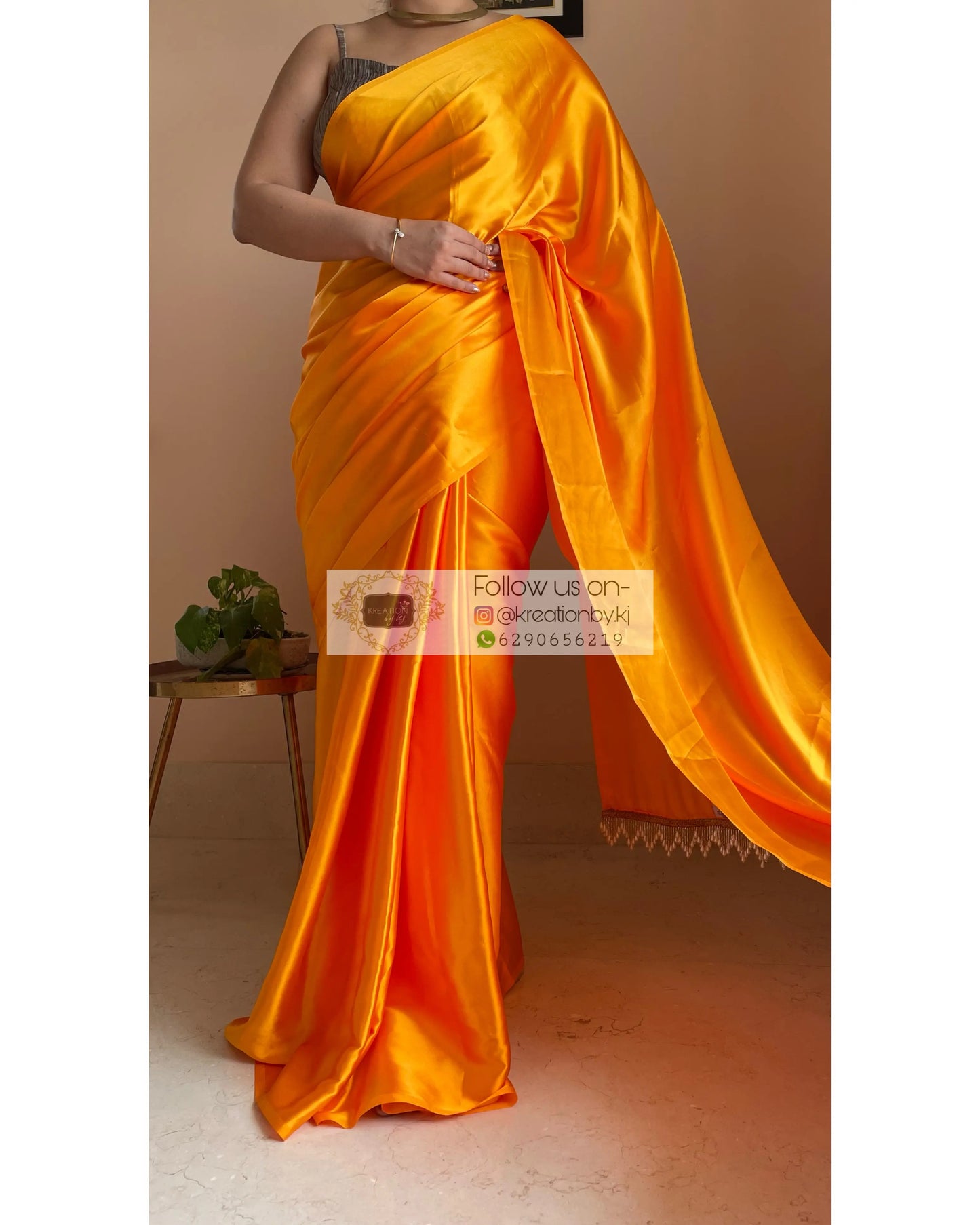 Saffron Satin Silk Saree with Handmade Tassels on Pallu kreationbykj