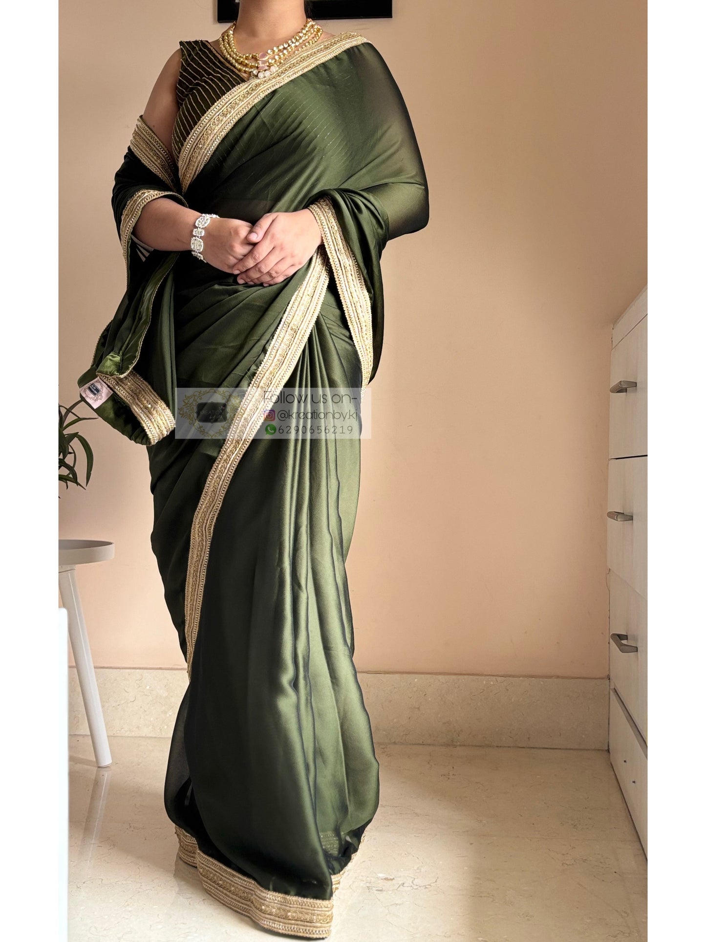 Olive Green Georgette Saree with Golden Border for Mehndi function Kreation by KJ
