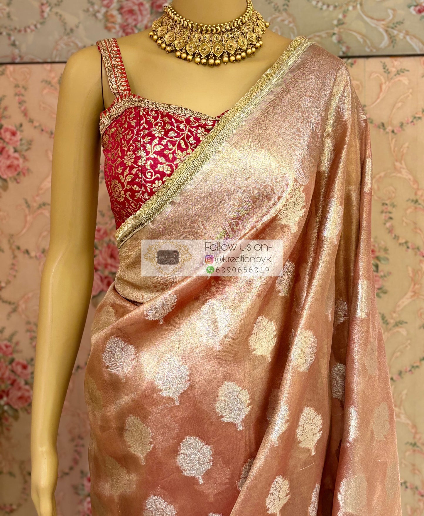 Peach Rose Designer Banarasi Tissue Silk Saree kreationbykj