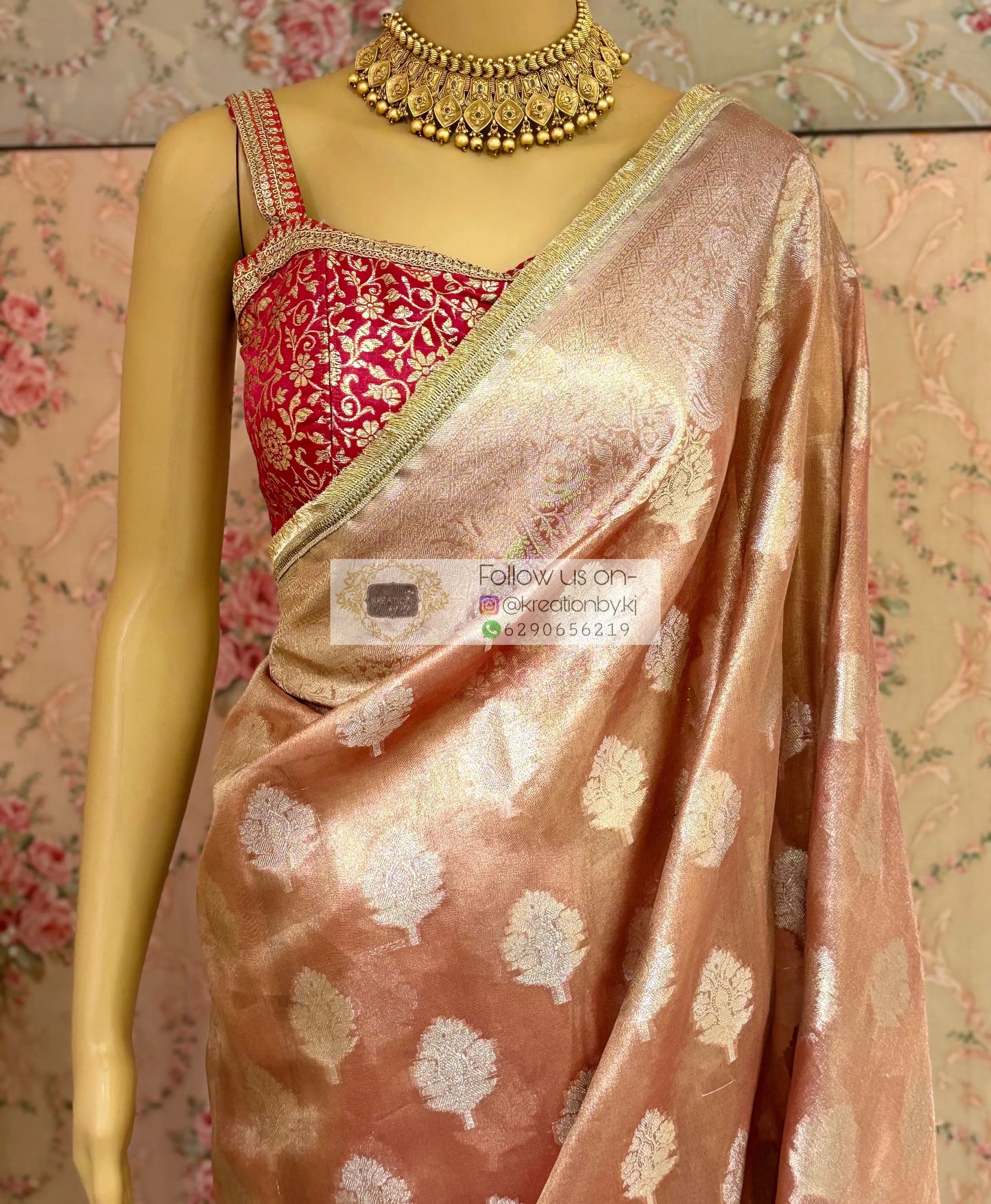 Peach Rose Designer Banarasi Tissue Silk Saree kreationbykj