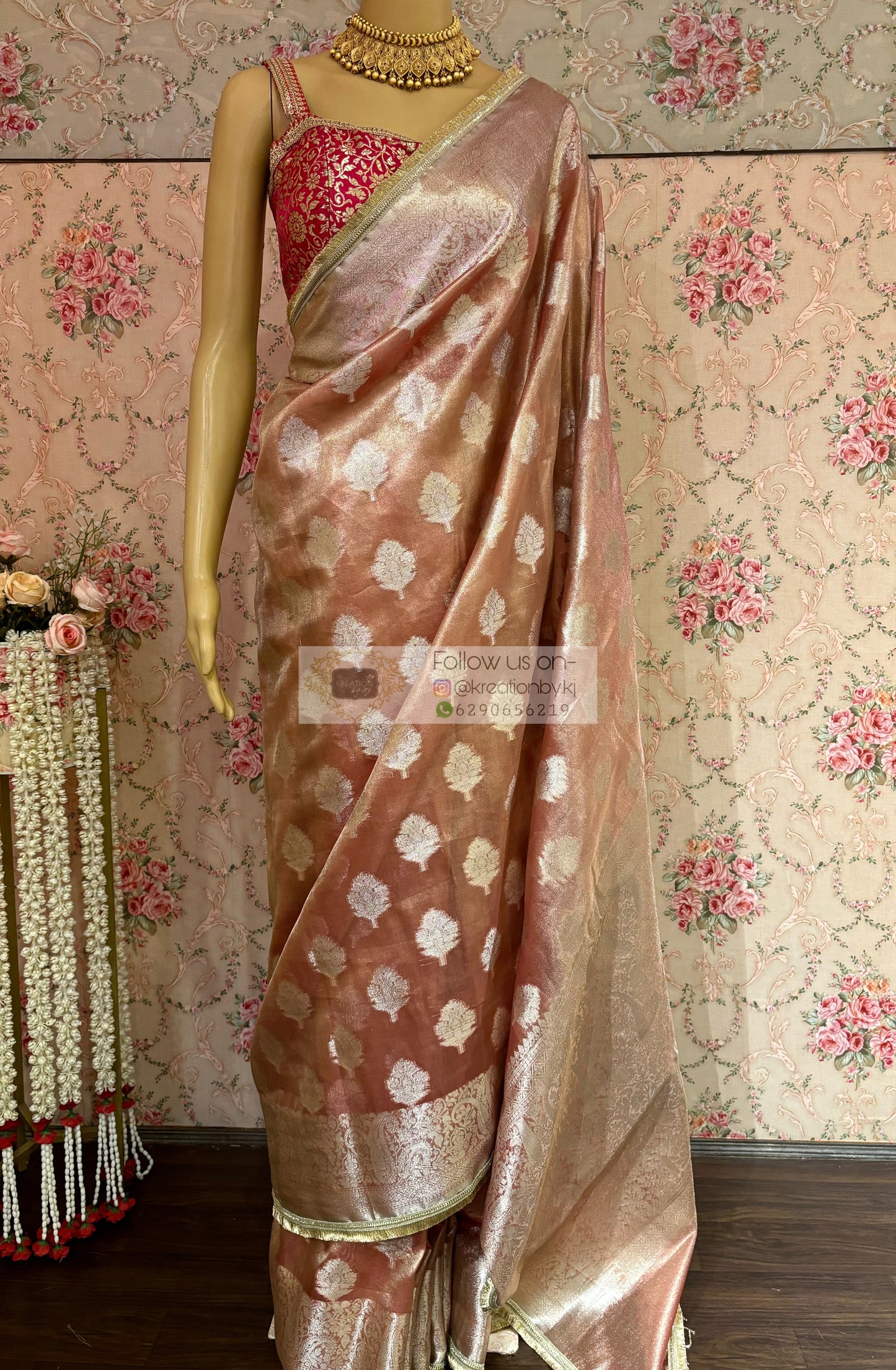 Peach Rose Designer Banarasi Tissue Silk Saree kreationbykj