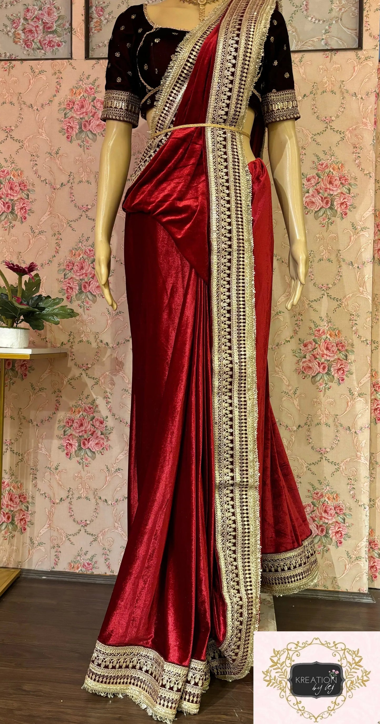 Maroon Velvet Banno Saree kreationbykj