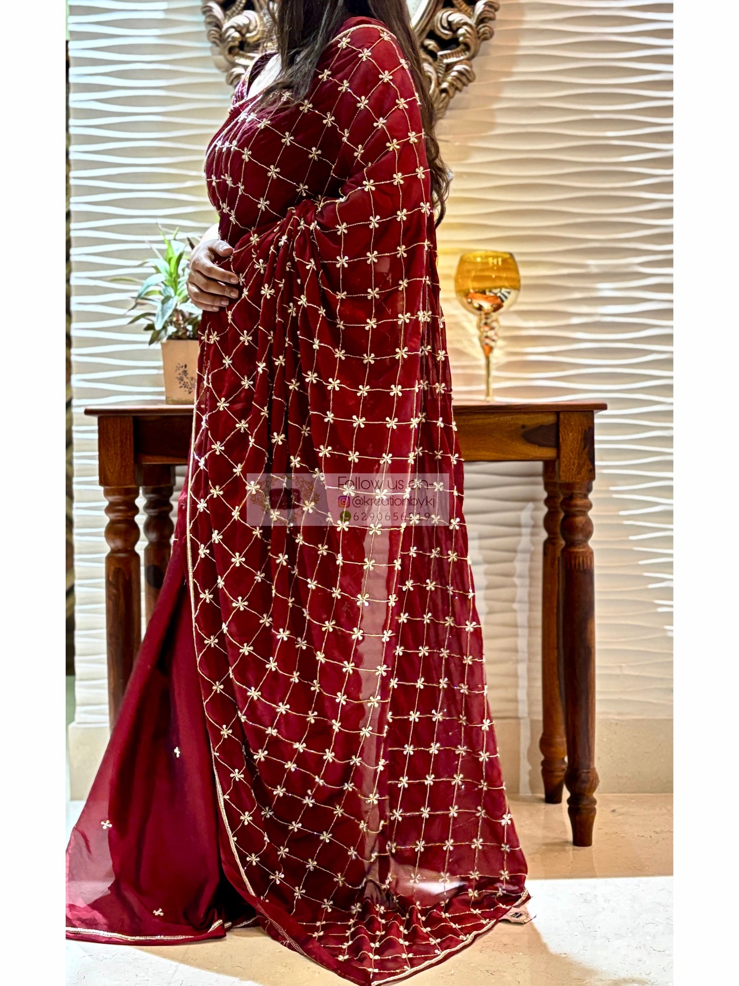 Maroon Georgette Cutdana Jaal Saree kreationbykj