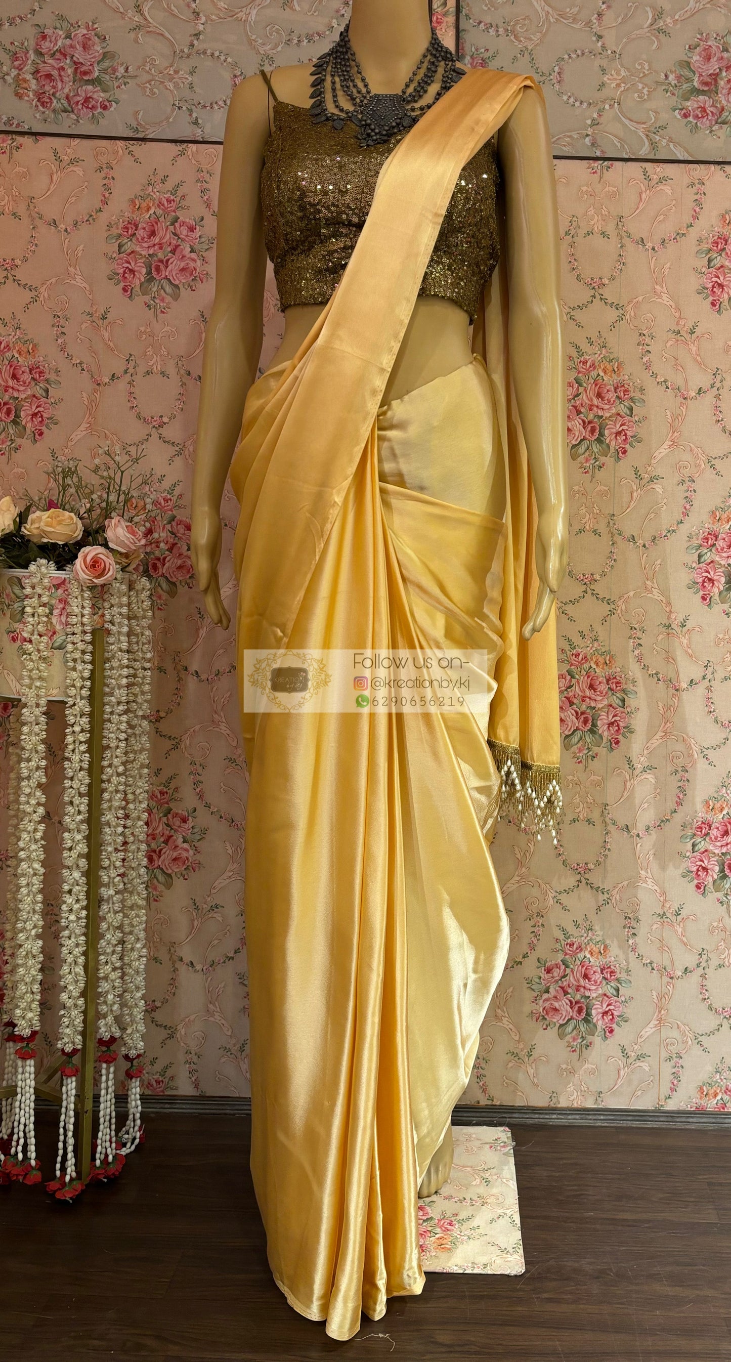Yellow Cream Satin Silk Saree with Handmade Tassels on Pallu kreationbykj
