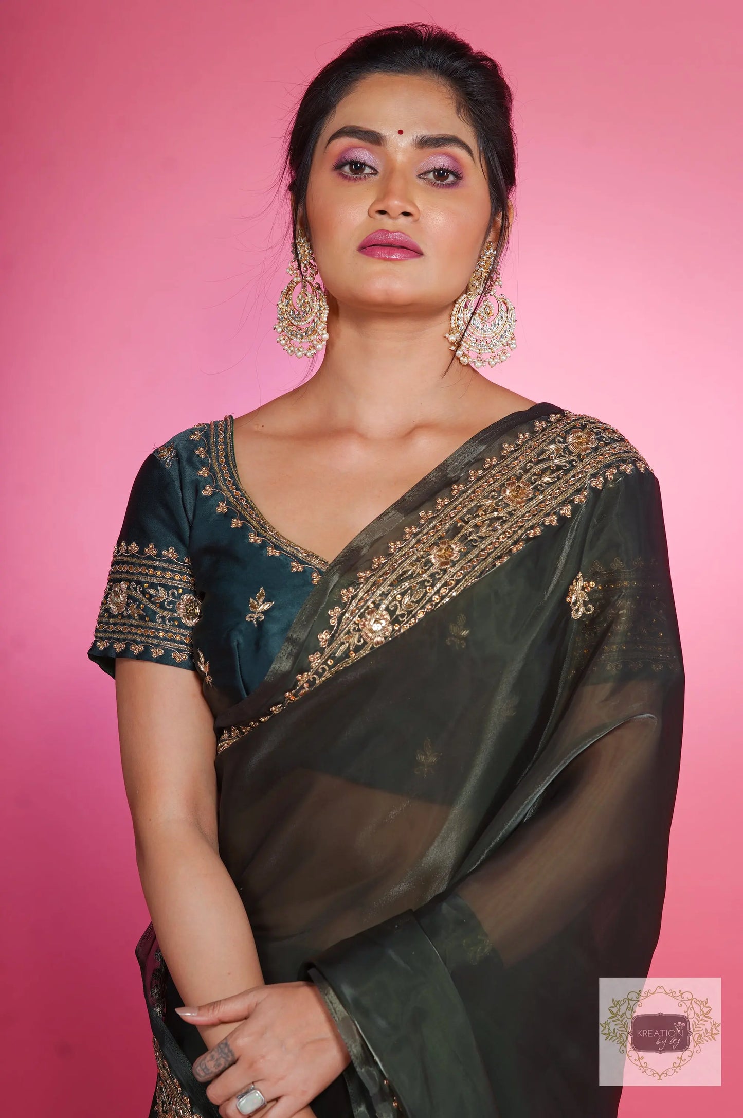 Dark Green Zarina Glassy Organza Saree kreationbykj