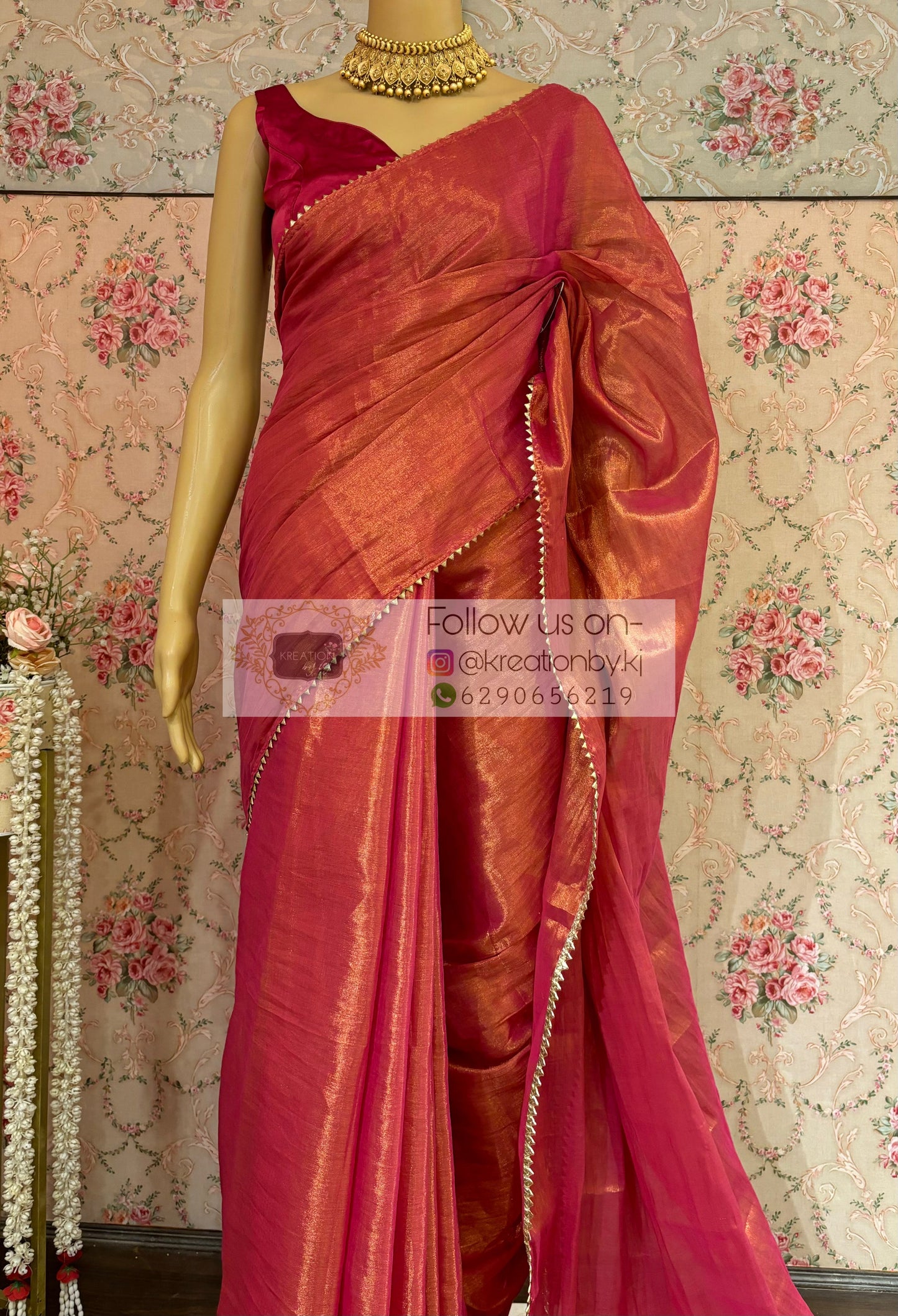 Coral Pink Cotton Tissue saree kreationbykj
