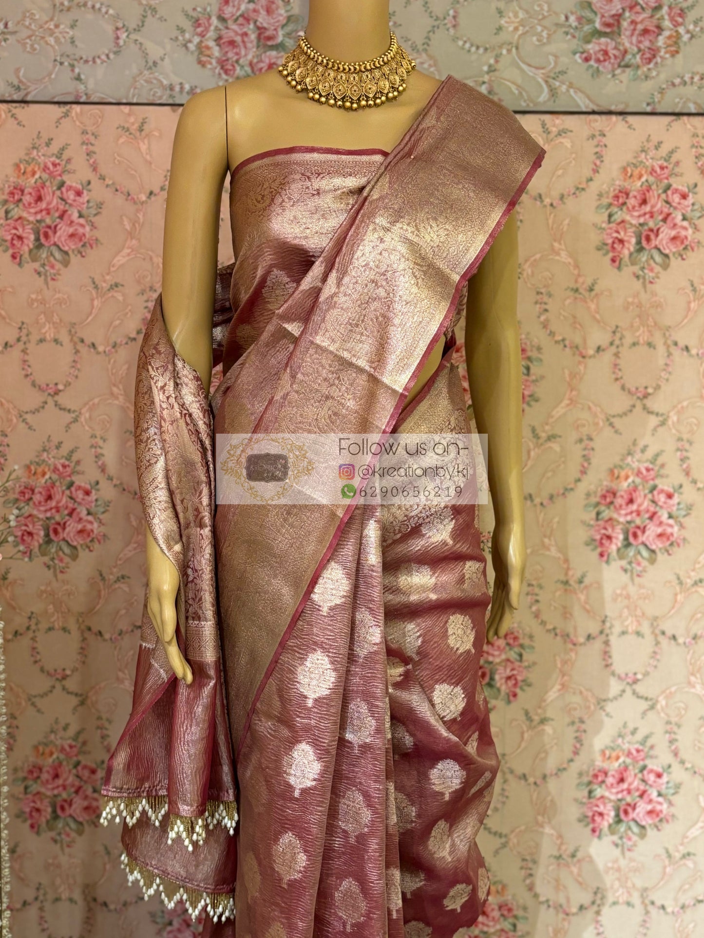 Dusty Mauve Banarasi Crushed Tissue Saree kreationbykj