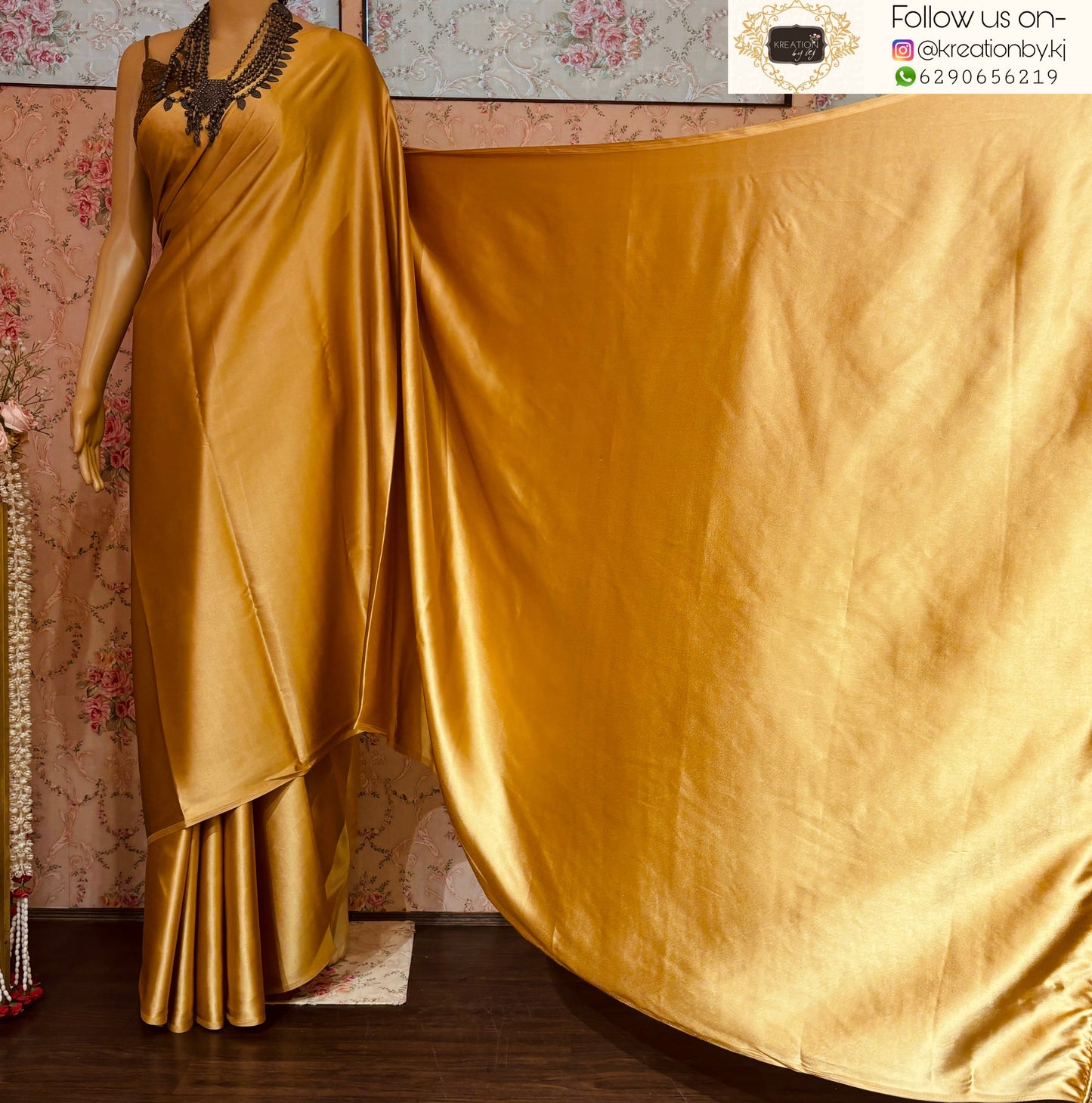 Champagne Gold Satin Saree kreationbykj