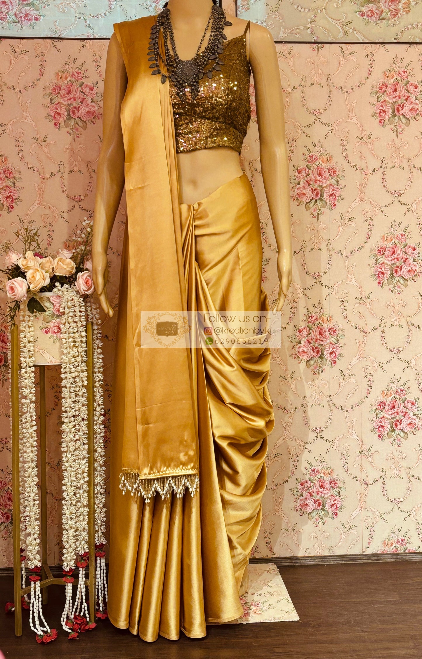 Champagne Gold Satin Saree kreationbykj