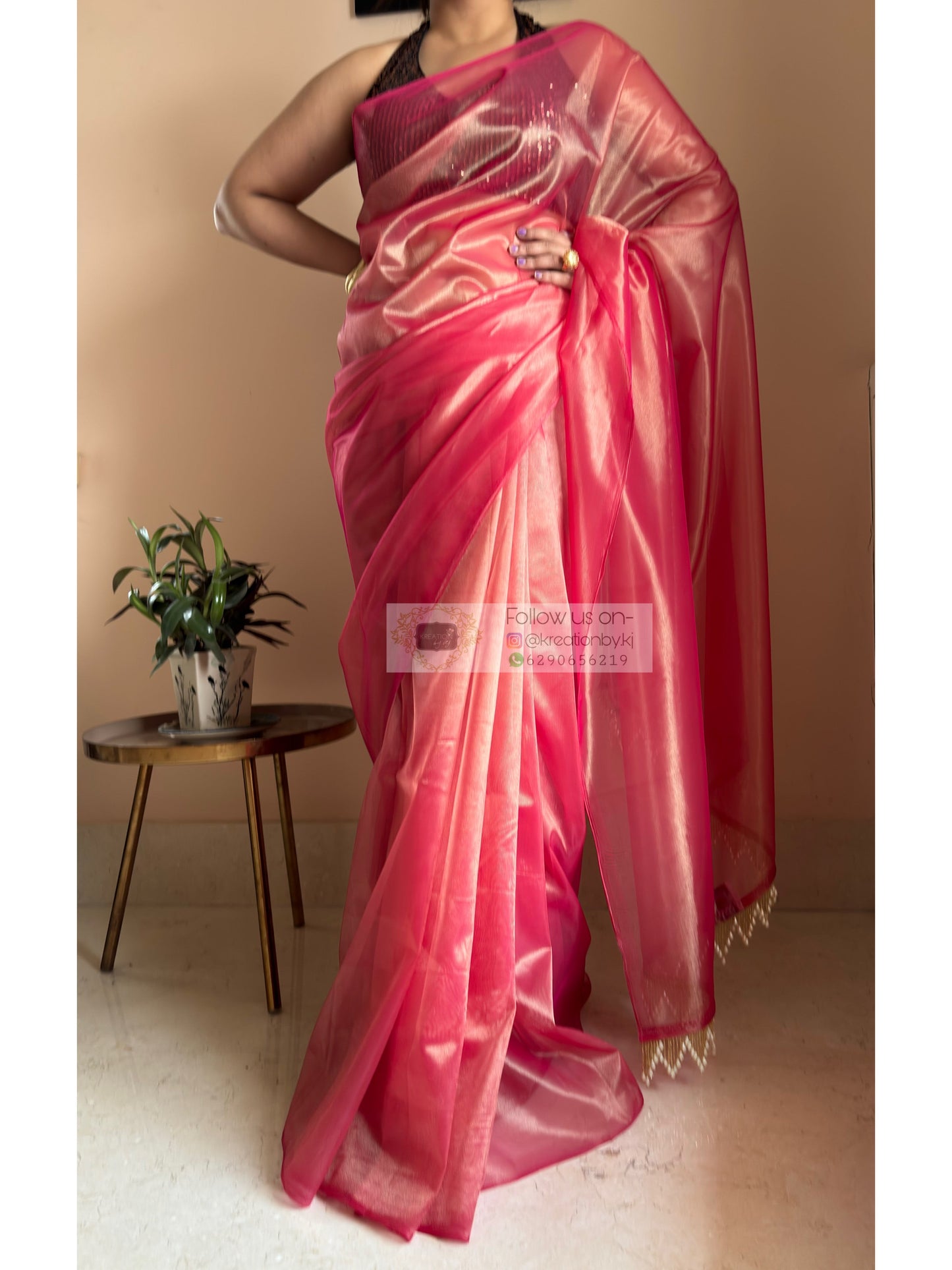 Rose Pink Tissue Net Bridal  Saree kreationbykj