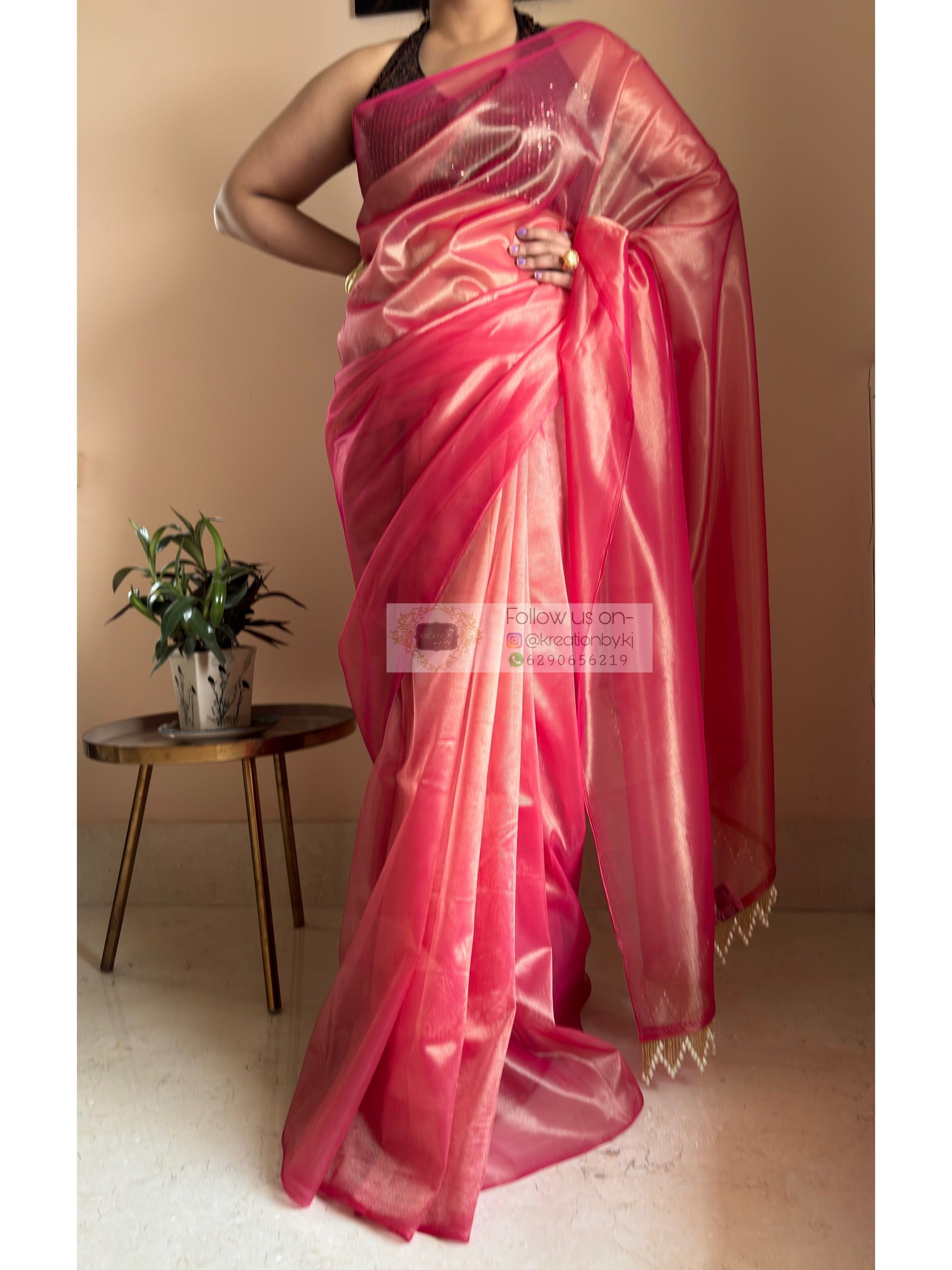 Rose Pink Tissue Net Bridal  Saree kreationbykj