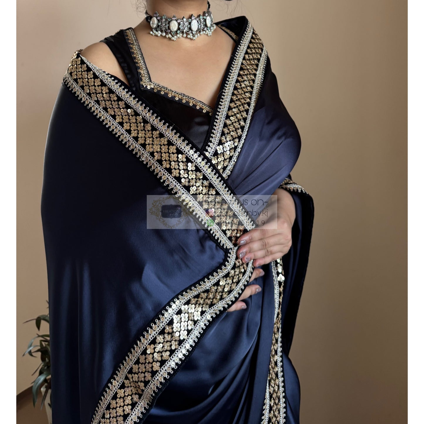 Dark Navy Blue Satin Silk Saree with Black Border kreationbykj