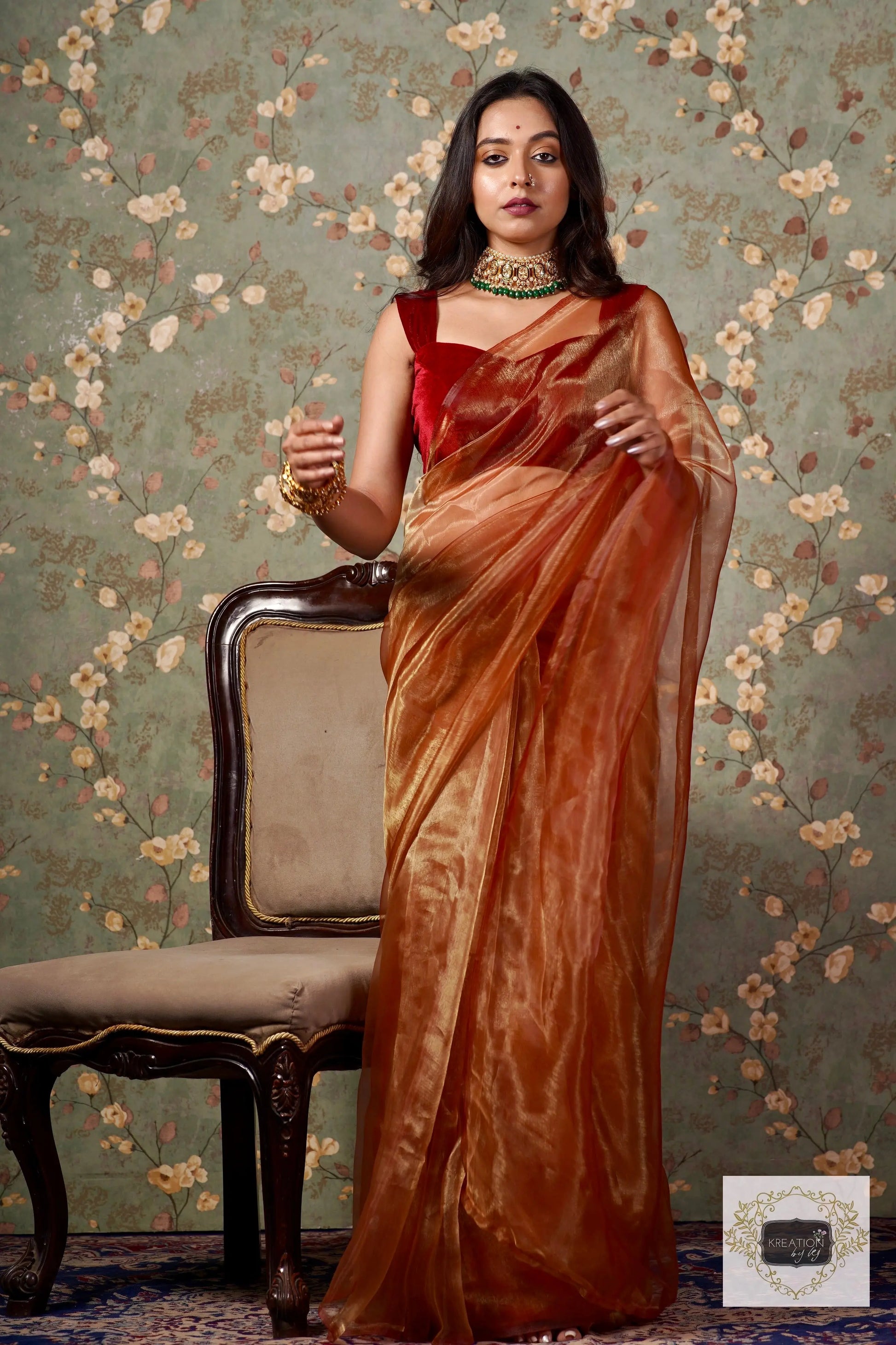 Golden Auburn Glass Tissue Saree kreationbykj