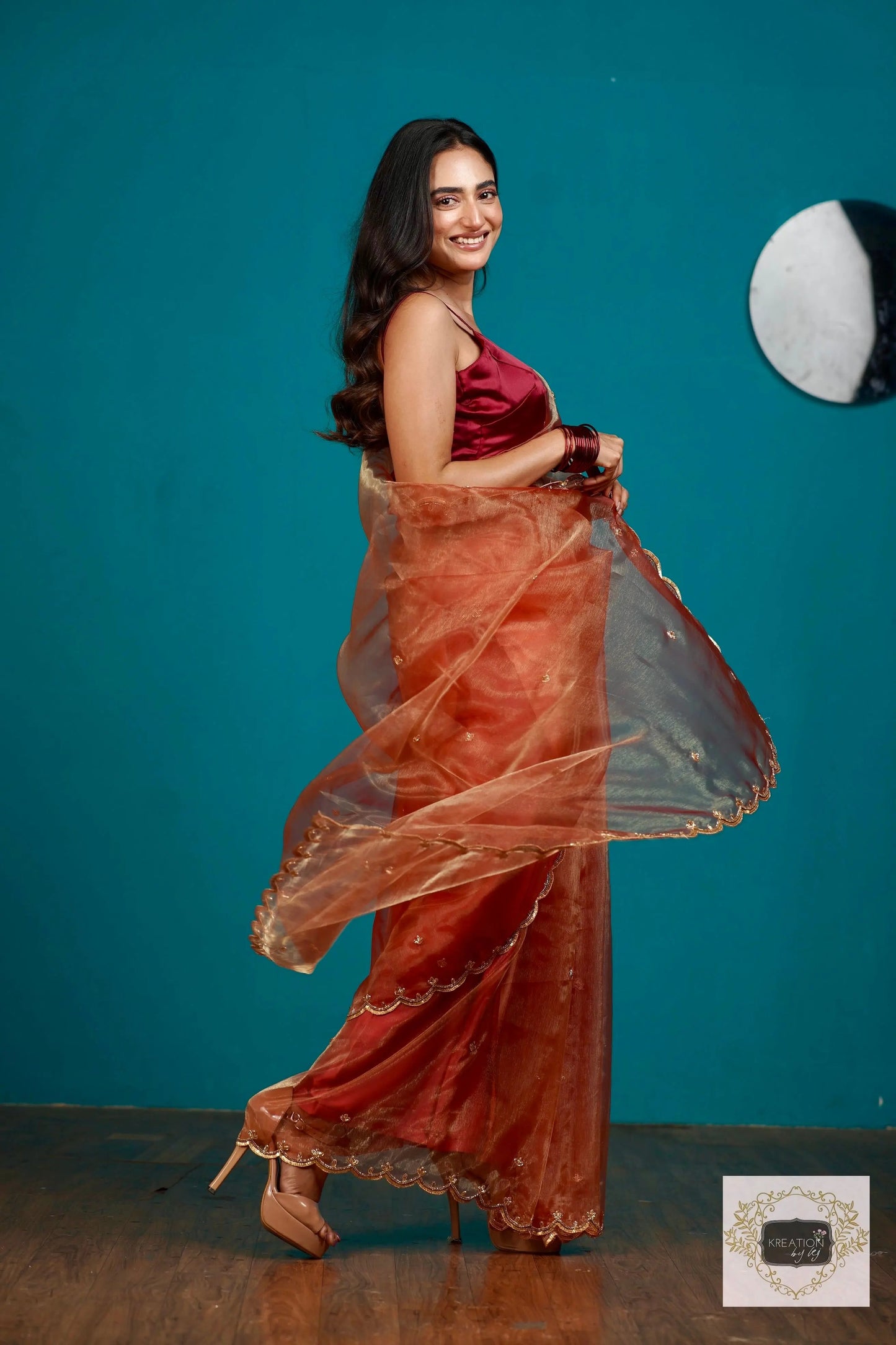 Marigold Glass Tissue Sequin Piyali Saree kreationbykj