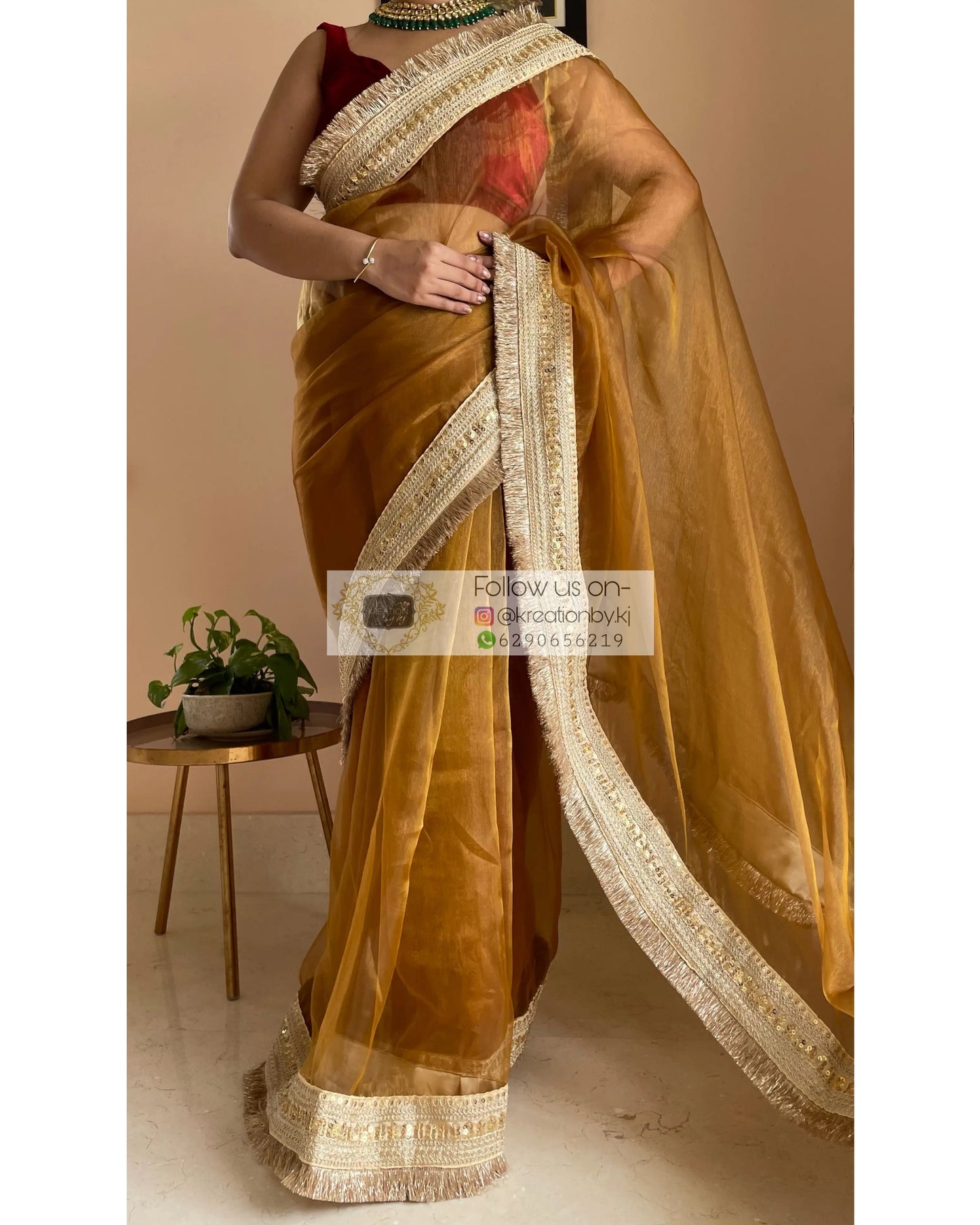 Ochre Glass Tissue Saree Banno Saree kreationbykj