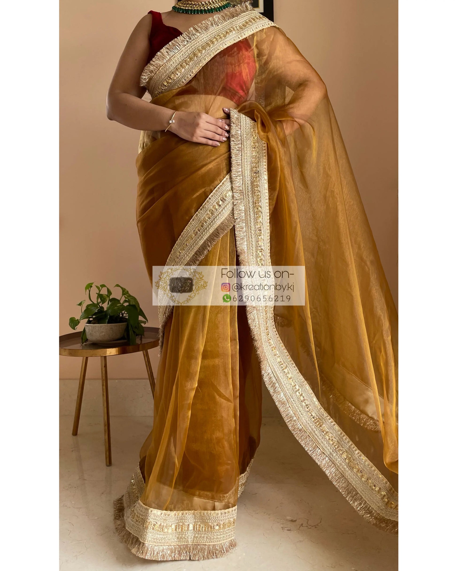 Ochre Glass Tissue Saree Banno Saree kreationbykj