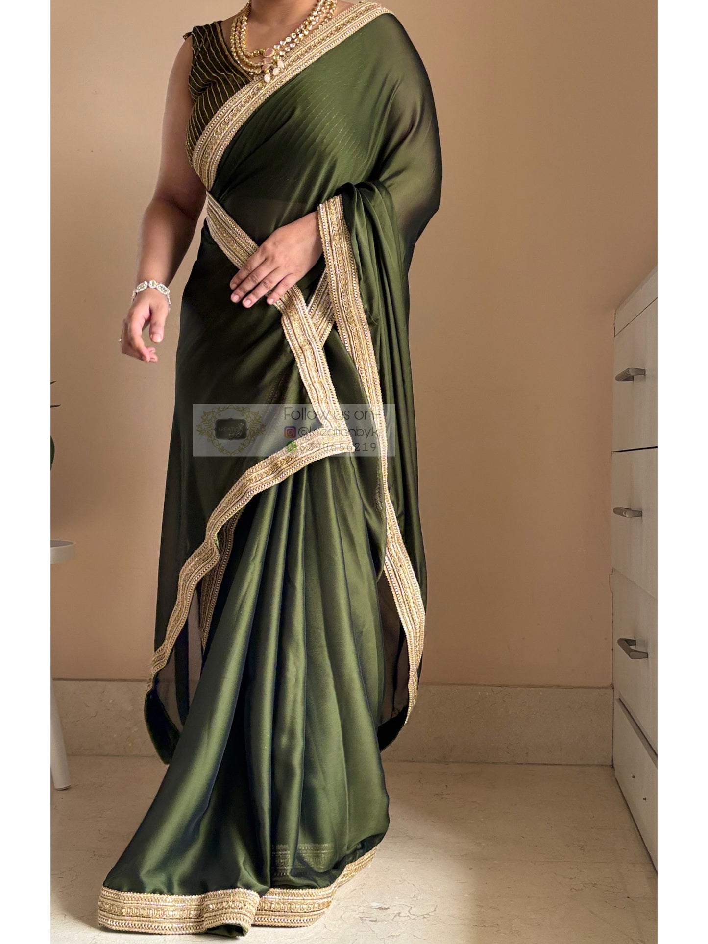 Olive Green Georgette Saree with Golden Border for Puja Look Kreation by KJ