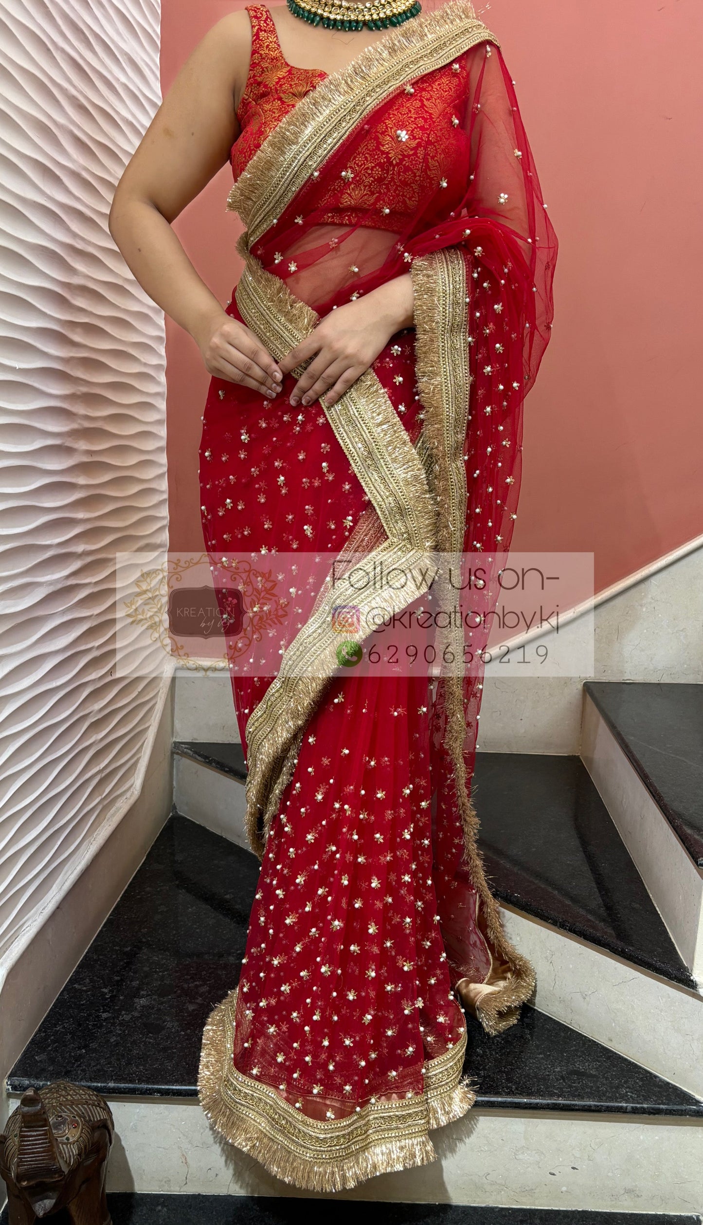 Red Jugnoo Banno Embellished Net Saree kreationbykj
