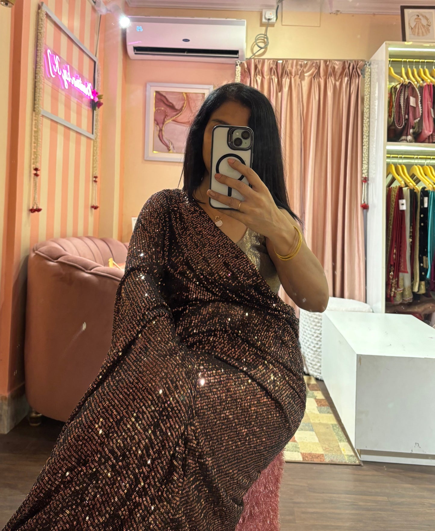 Molten Black Sequin Partywear Saree kreationbykj