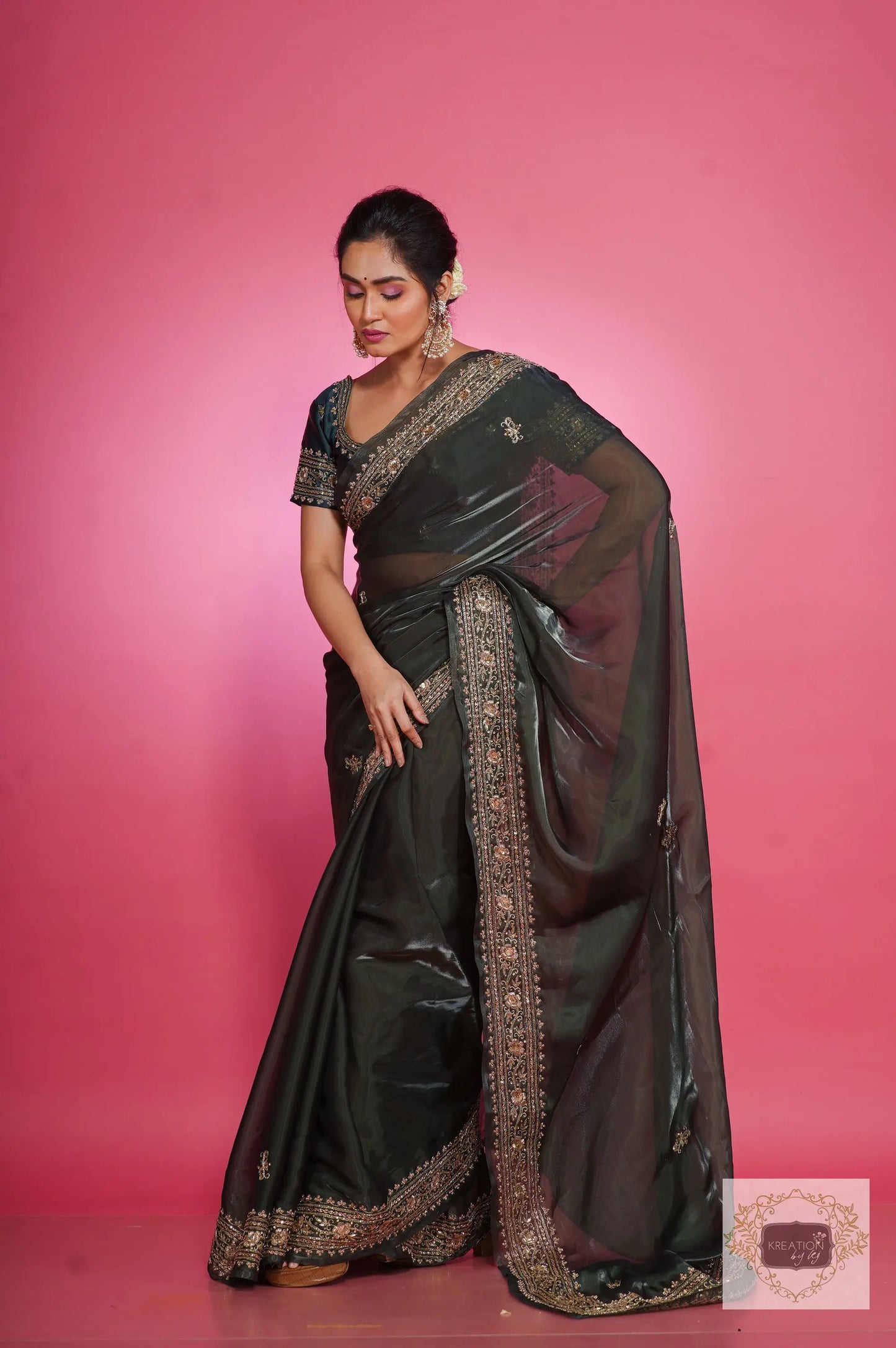 Dark Green Zarina Glassy Organza Saree kreationbykj
