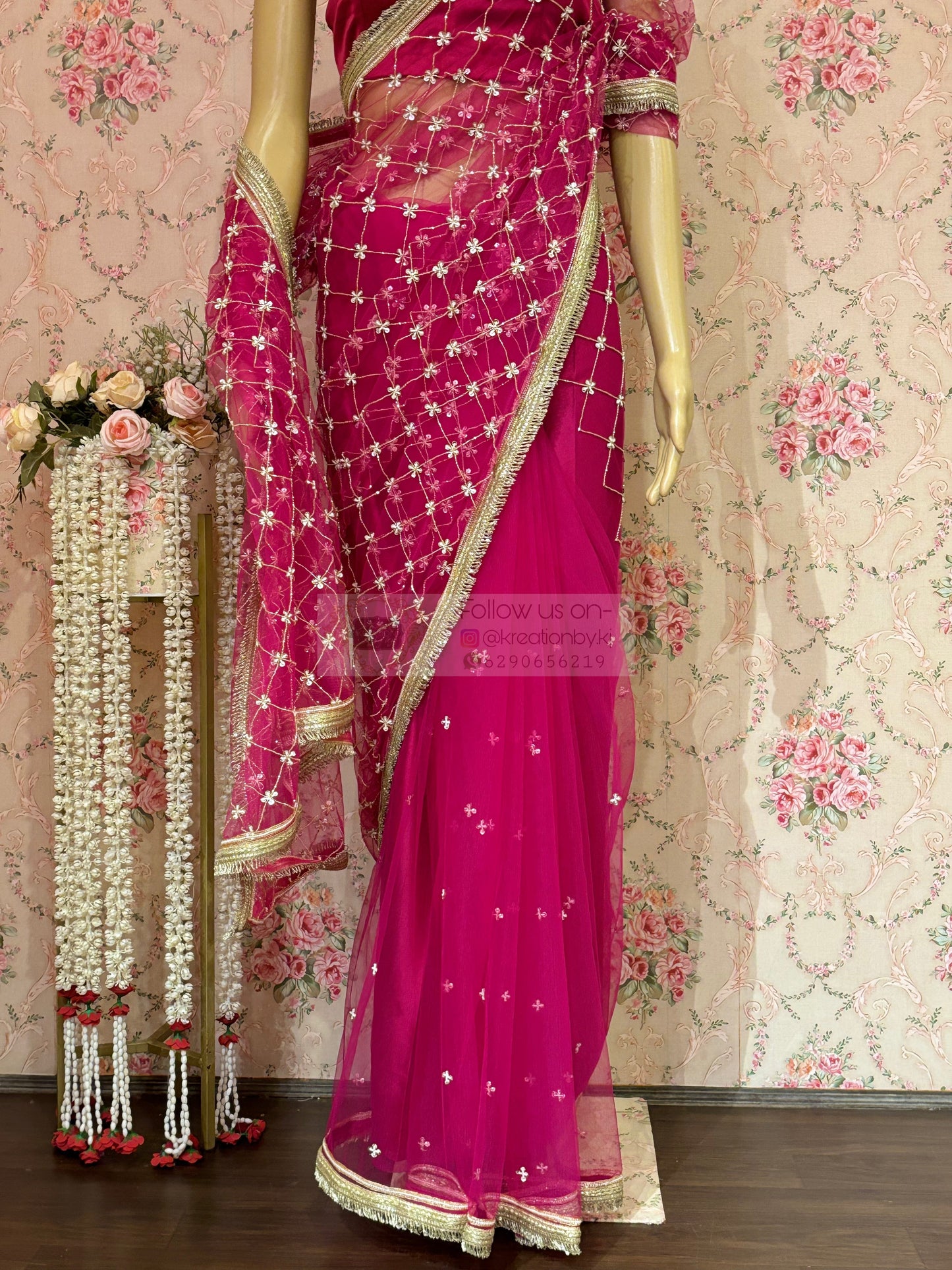 Hot Pink Cutdana Jaal Net Saree kreationbykj
