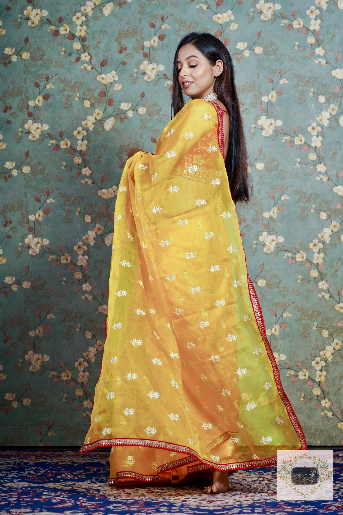 Yellow Snow Drop Organza saree