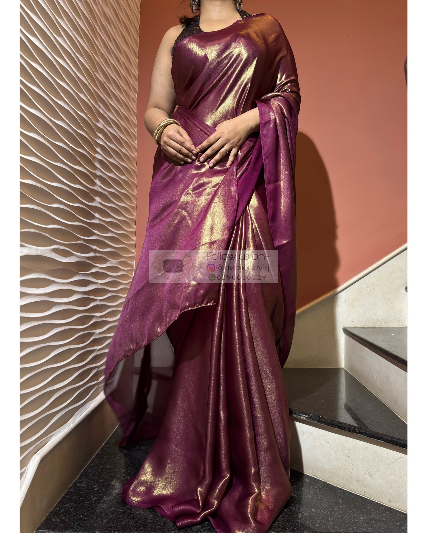 Aubergine Metallic Shimmer Satin cocktail Saree kreationbykj