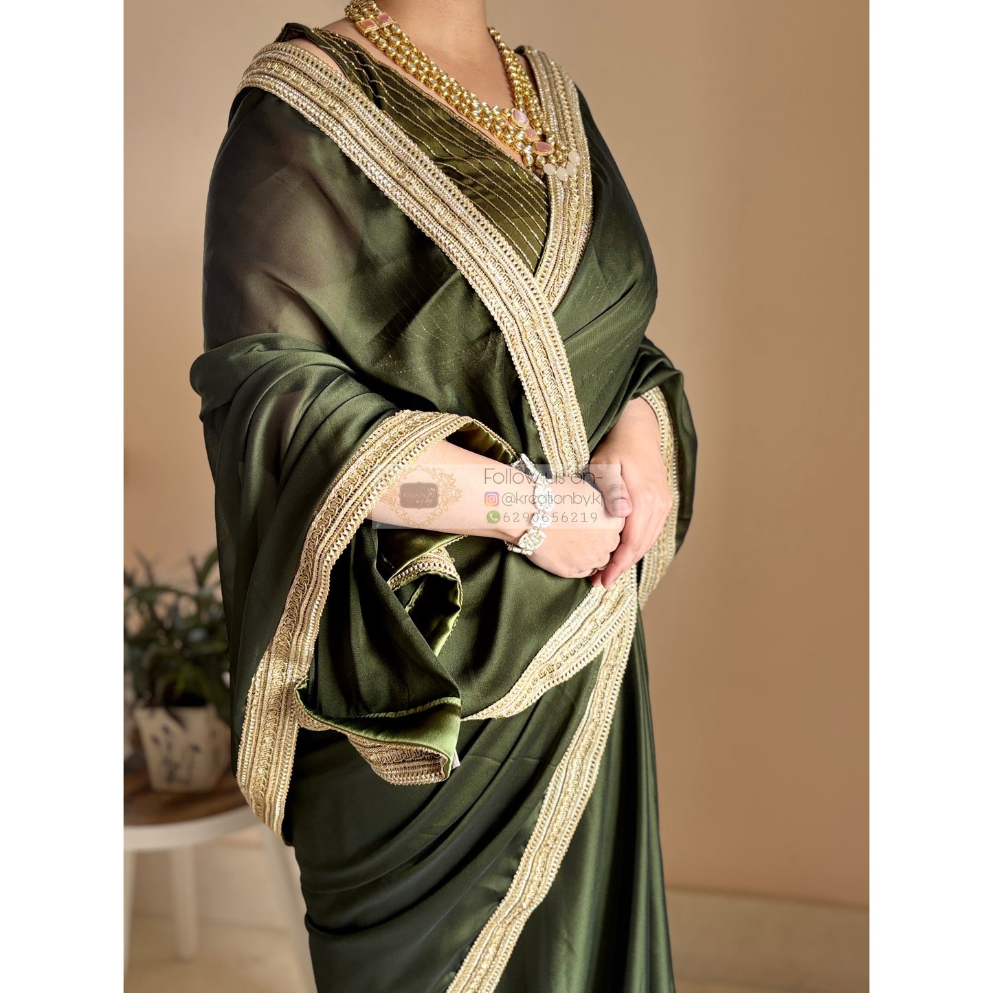 Olive Green Georgette Saree with Golden Border For Desi Girl Look Kreation by KJ