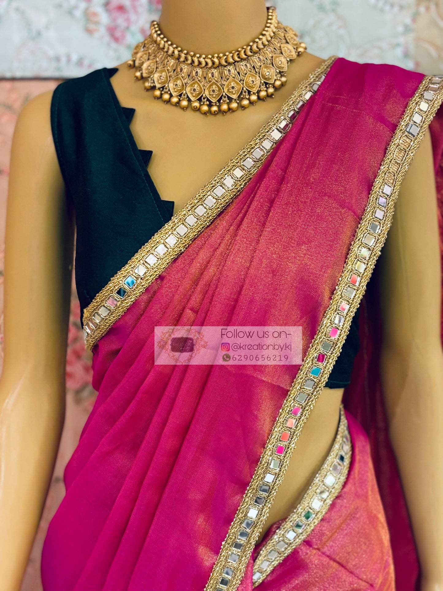 Hot Pink Mirage Saree with Cut Mirror Border kreationbykj