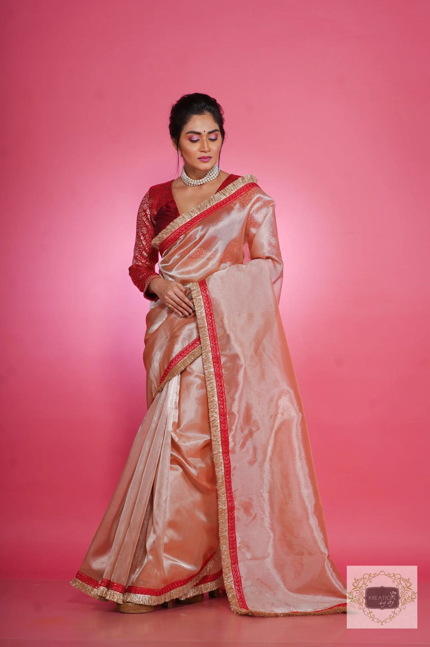 Peach Tissue Banno Saree kreationbykj