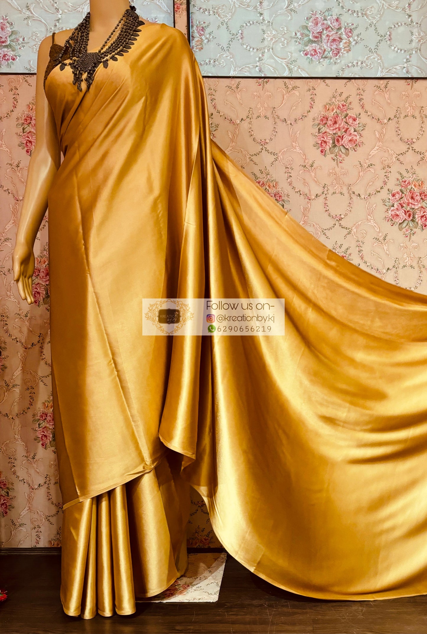 Champagne Gold Satin Saree kreationbykj