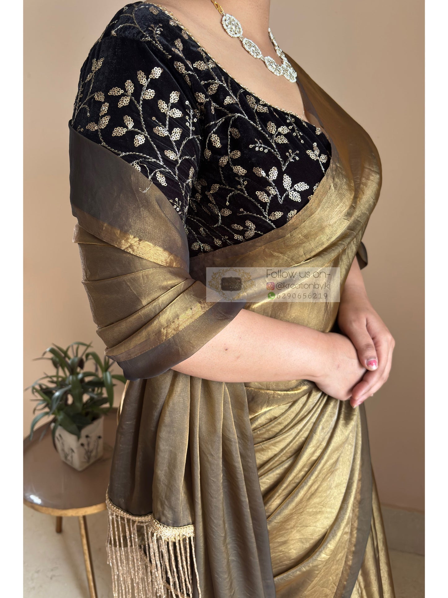 Molten Golden Shimmer Satin Saree With Handmade Tassels on Pallu kreationbykj