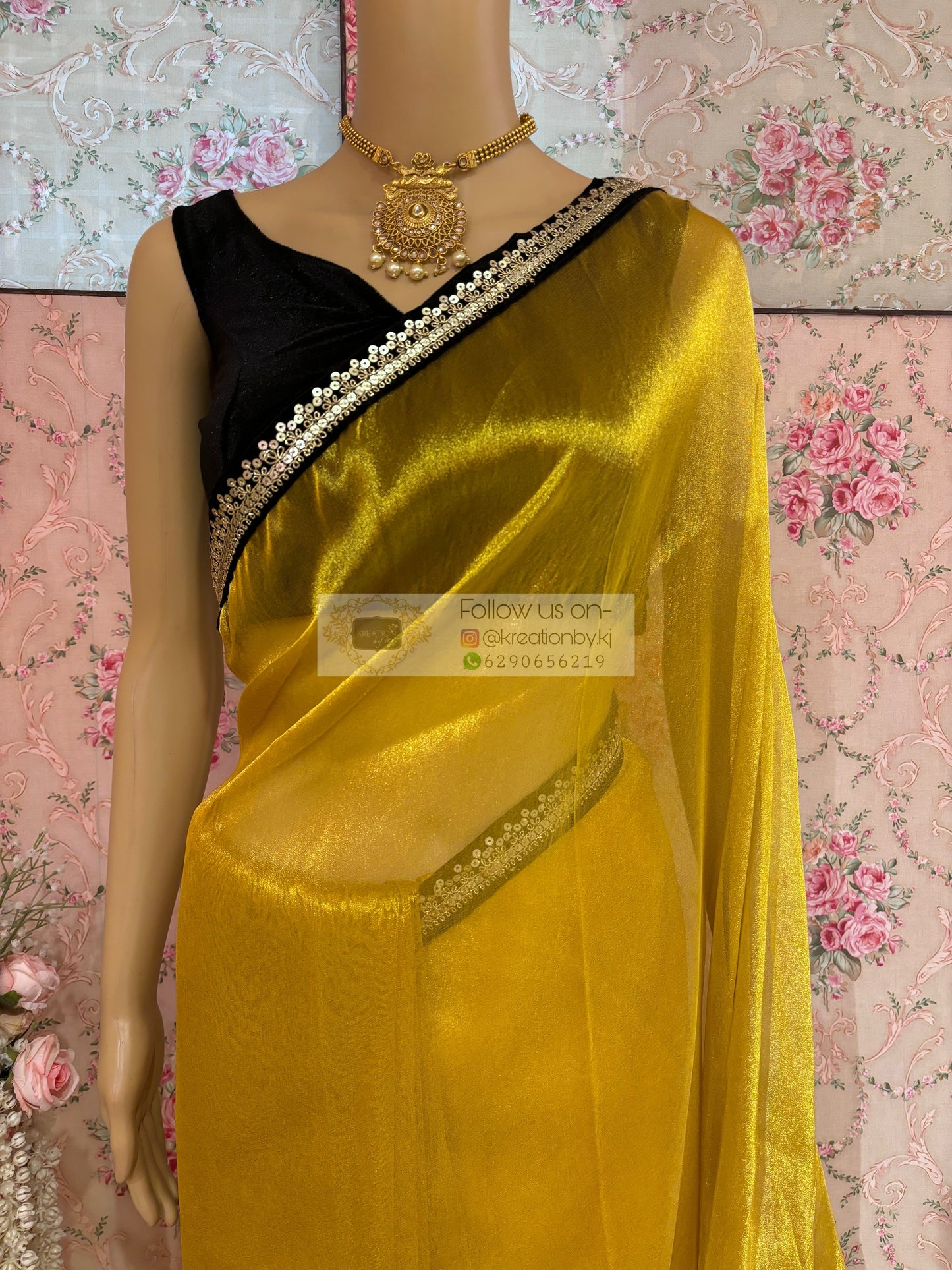 Golden Yellow Zari Tissue Cocktail Saree kreationbykj