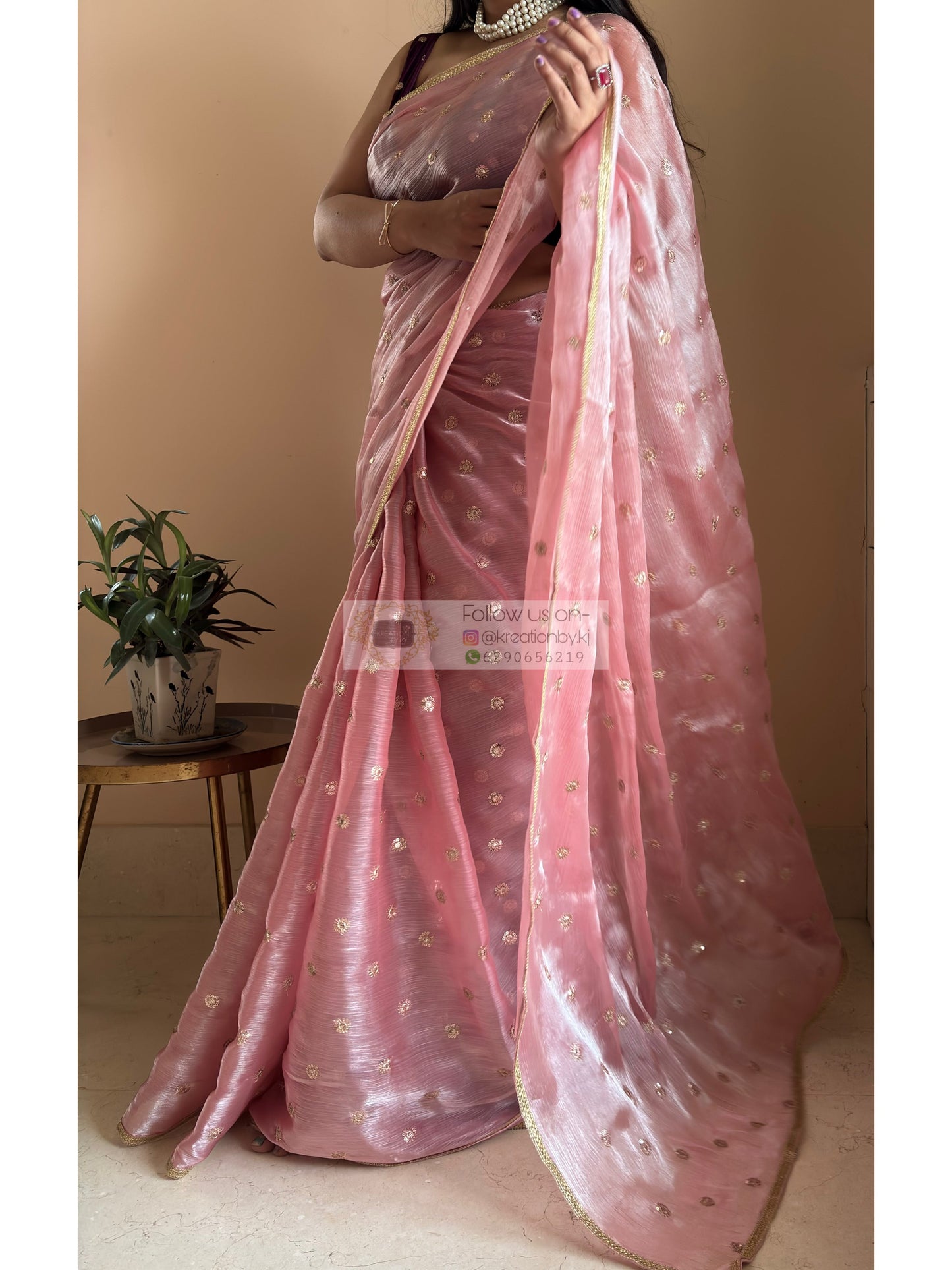 Peach Mettalic Chiffon Saree with Sequin Border
