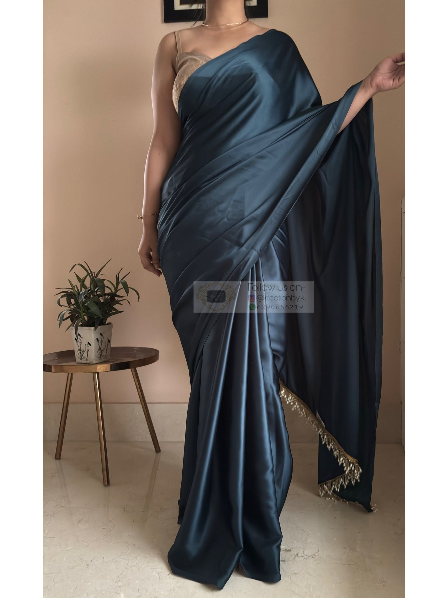 Midnight Blue Satin Silk Saree With Handmade Tassels On Pallu kreationbykj
