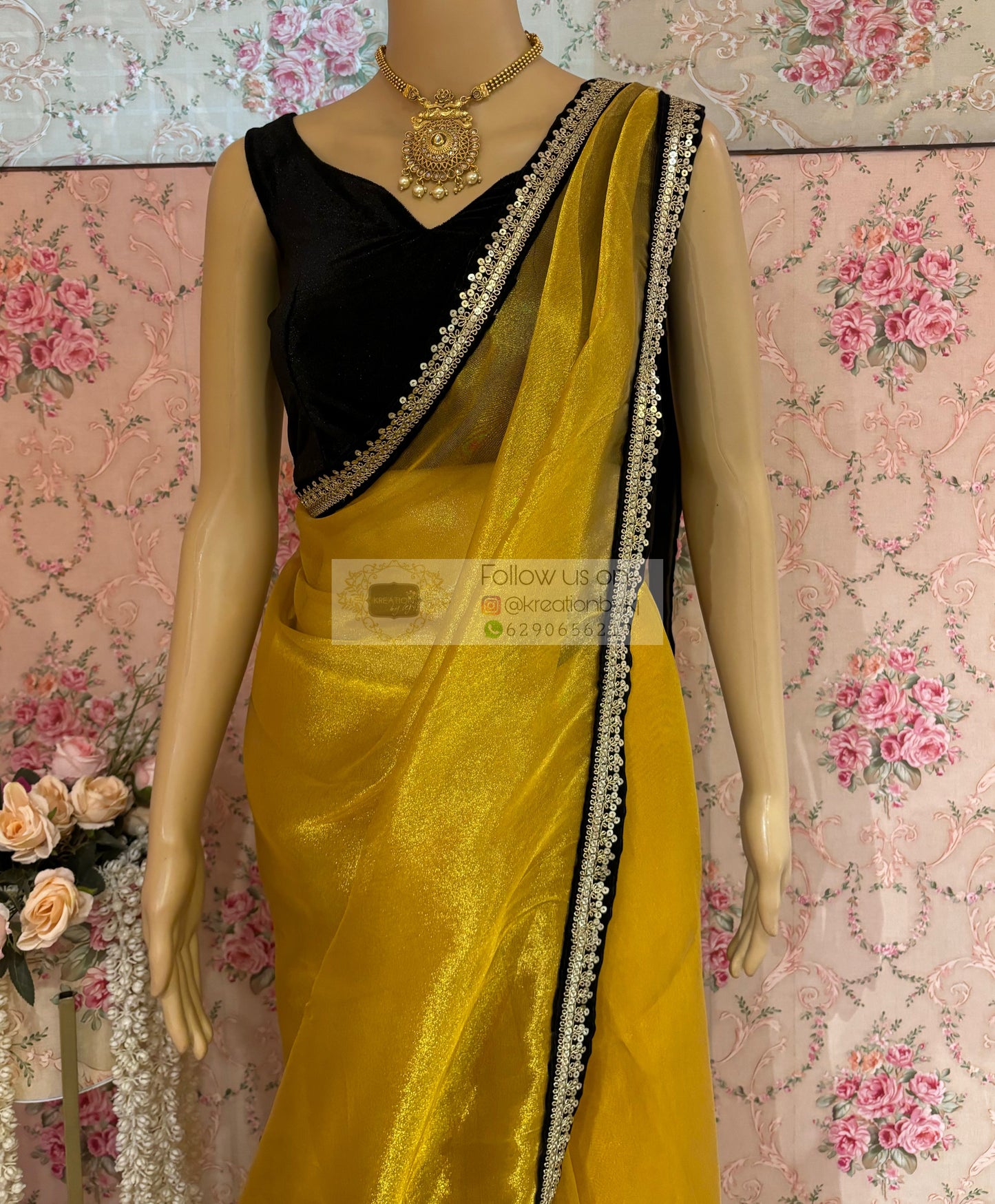 Golden Yellow Zari Tissue Cocktail Saree kreationbykj