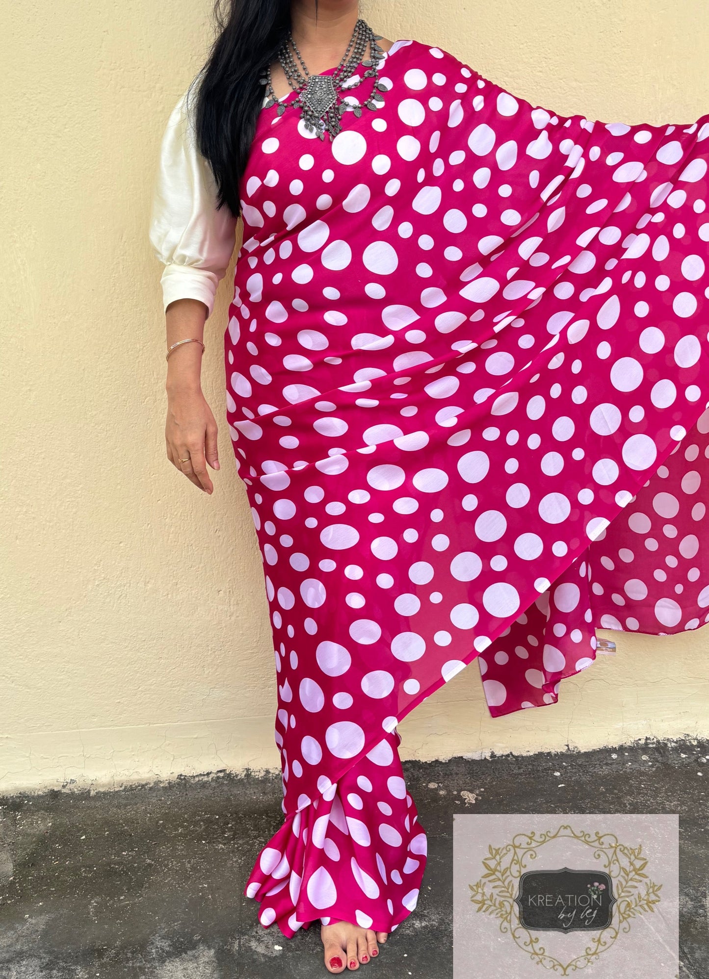 Magenta Pink Polka Dot Saree kreationbykj